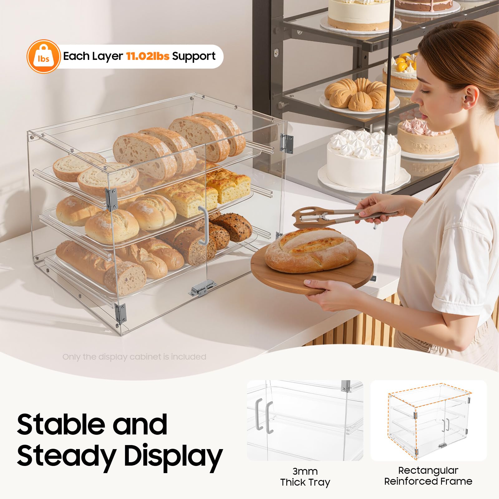 Vitrina de 3 pisos con puerta magnética, 54 x 44 x 42 cm, con capacidad de carga de 5 kg por nivel, caja de almacenamiento de acrílico extraíble para panadería, cafetería, protector contra el polvo