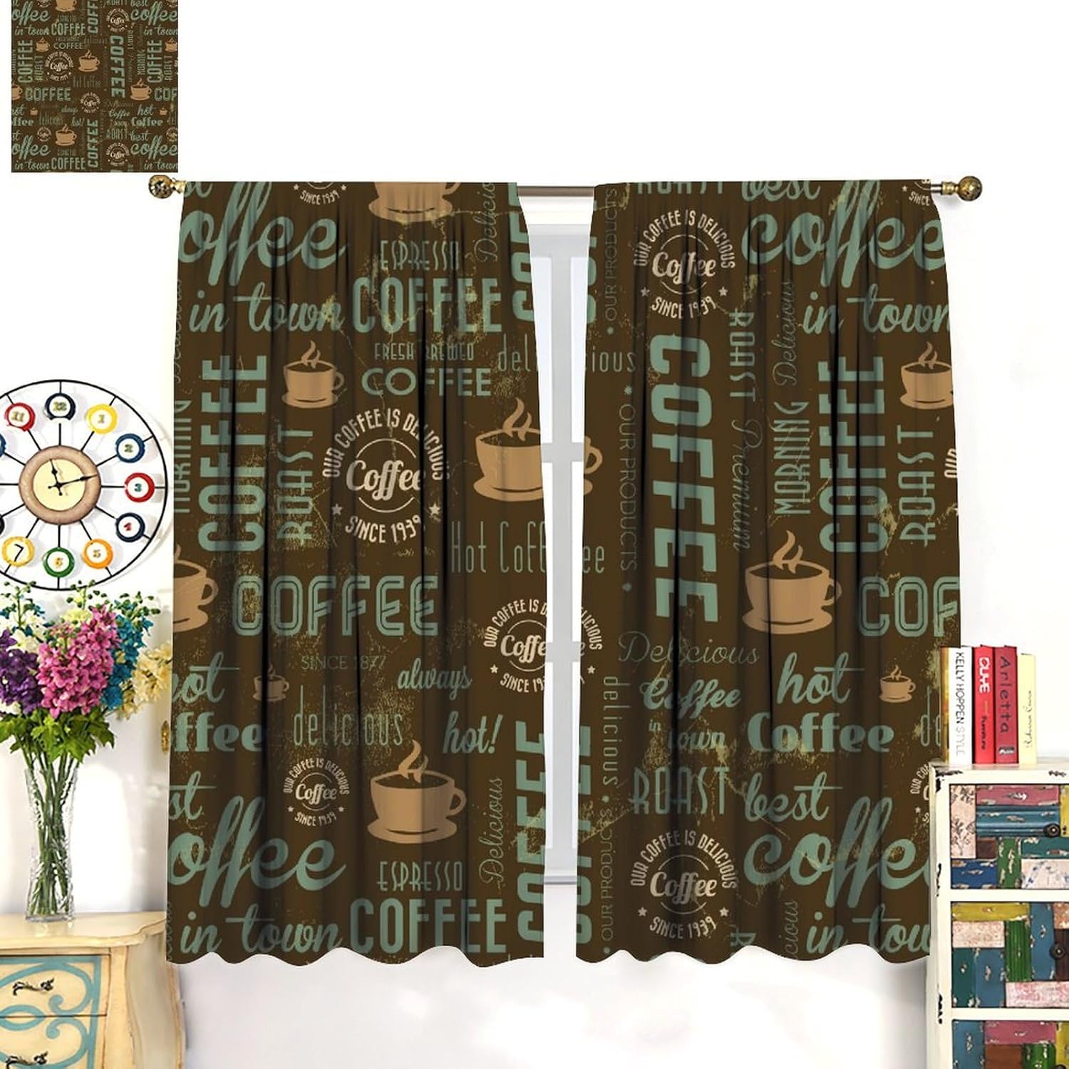 Vintage Rustic Kitchen Curtains Brown Green Retro Coffee Cups Printed Bedroom Living Room Cafe Blackout Rod Pocket Decoration Window Drapes 2 Panels W21xL45in