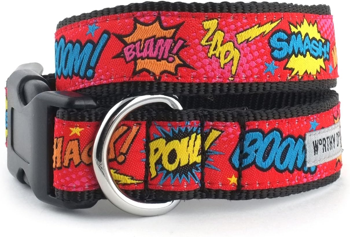 The Worthy Dog Comic Book Strip Speech Bubbles Blam Smash Boom POW! ZAP! Adjustable Designer Pet Dog Collar - Medium, Red