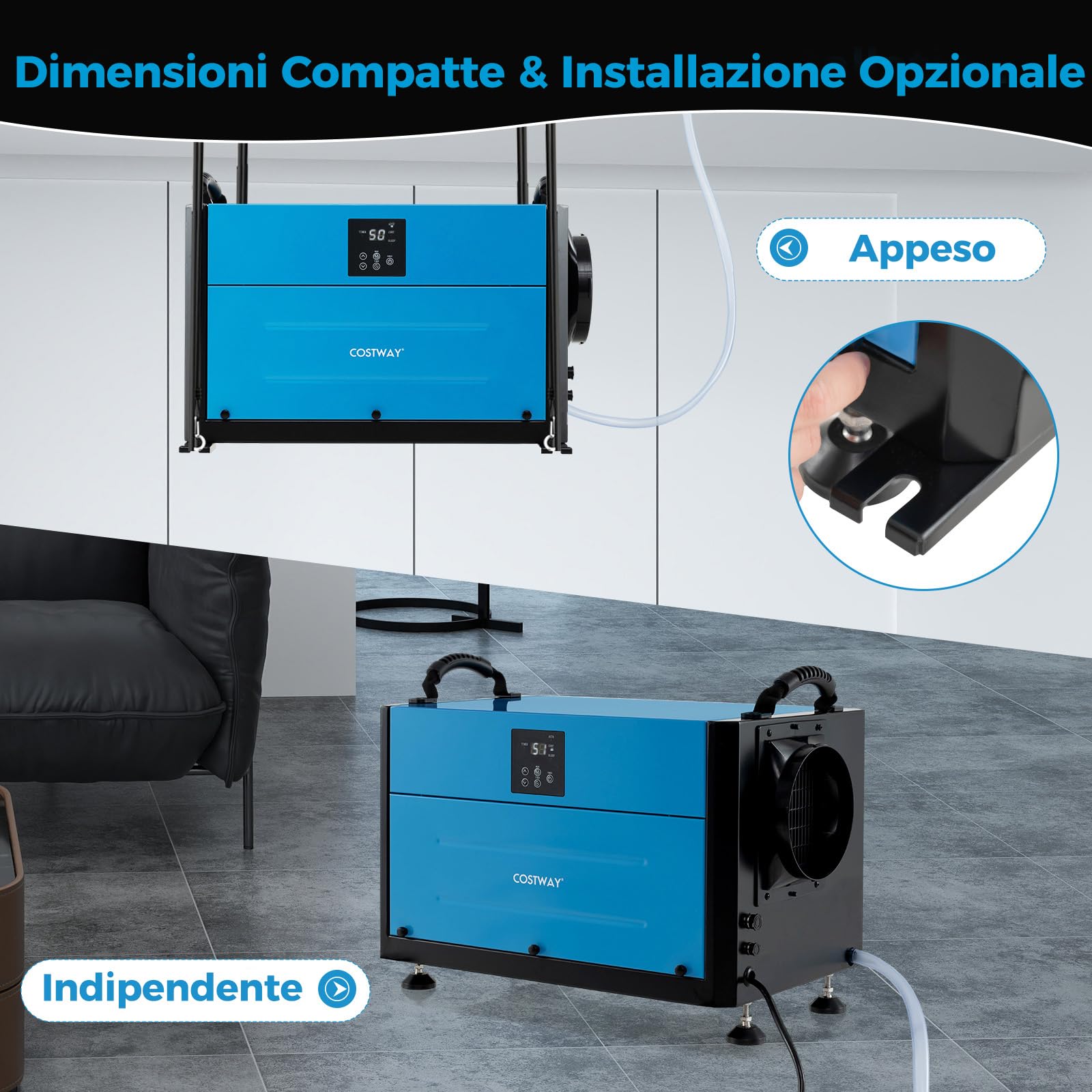 COSTWAY 58,5/73,5 L Deumidificatore Commerciale, Deumidificatore Industriale con 3 Modalità e Timer 24H, Sbrinamento Automatico per Cantina Magazzino (73,5 L/giorno Blu)