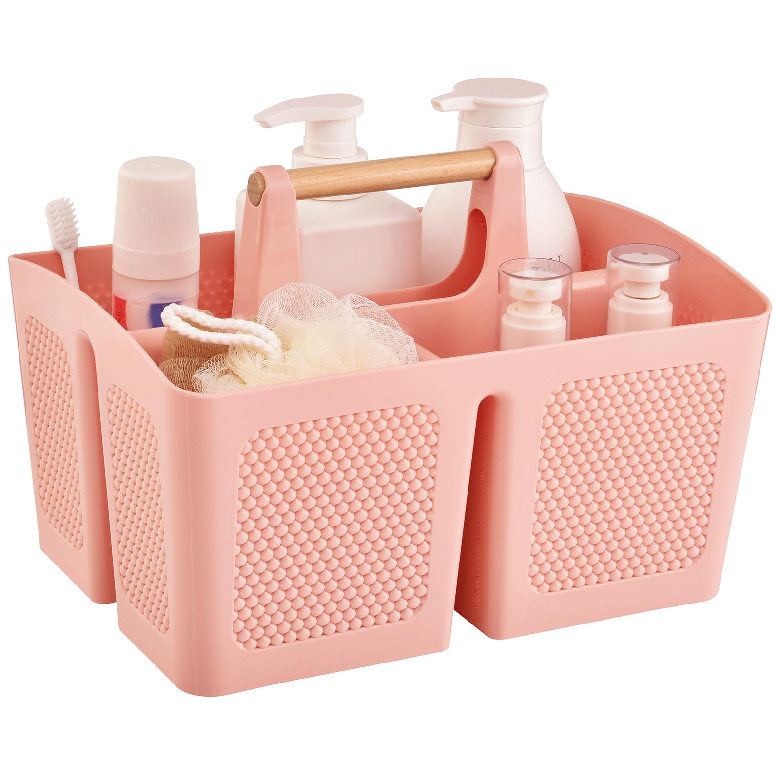 Haundry Plastic Pink Shower Caddy Basket with 3 Compartments, Portable Divided Bathroom Cleaning Caddy Organizer Storage Tote with Handle for Dorm,