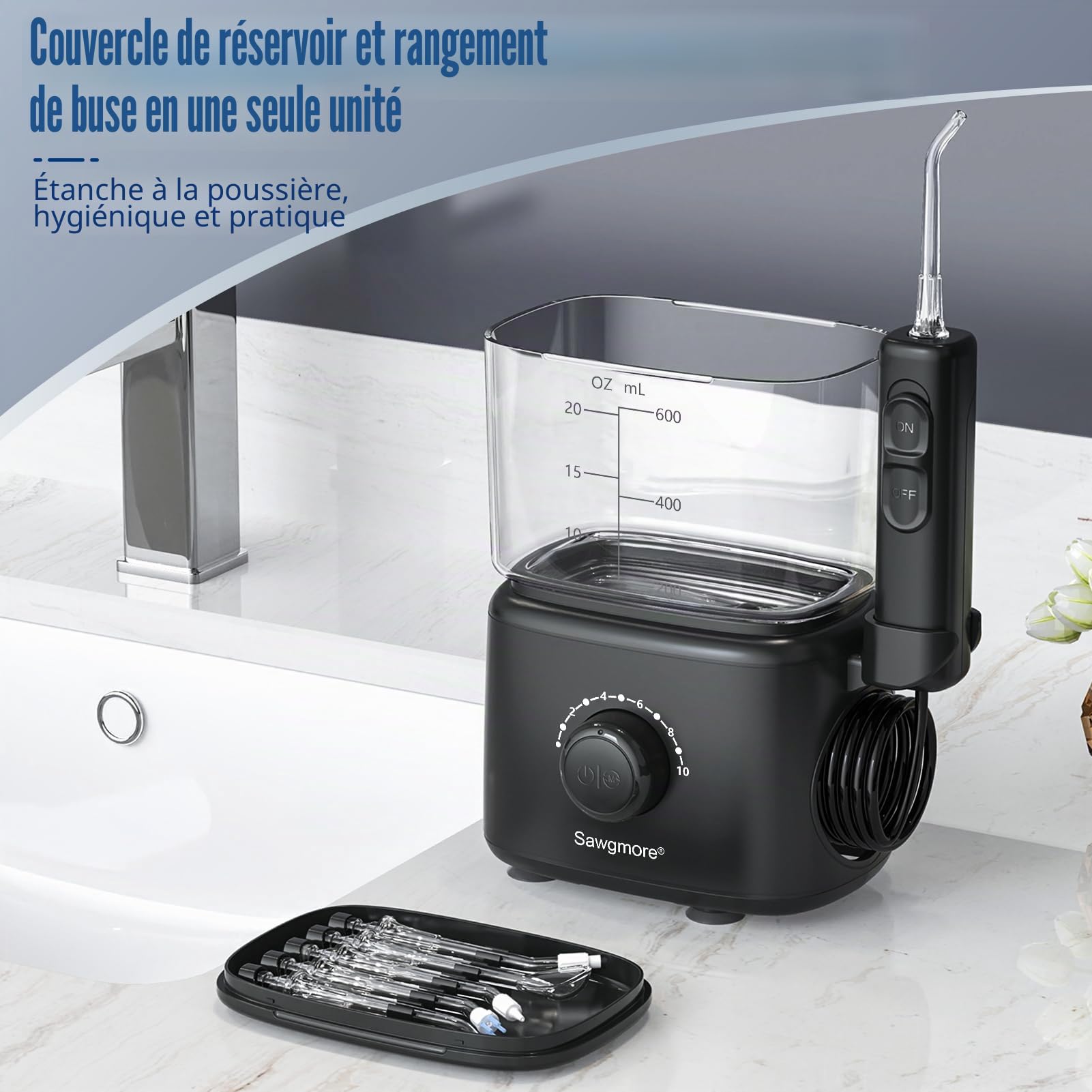 Sawgmore Hydropulseur dentaire électrique 10 niveaux de pression capacité de 600 ml irrigateur oral multifonctions 5 embouts pour la maison noir