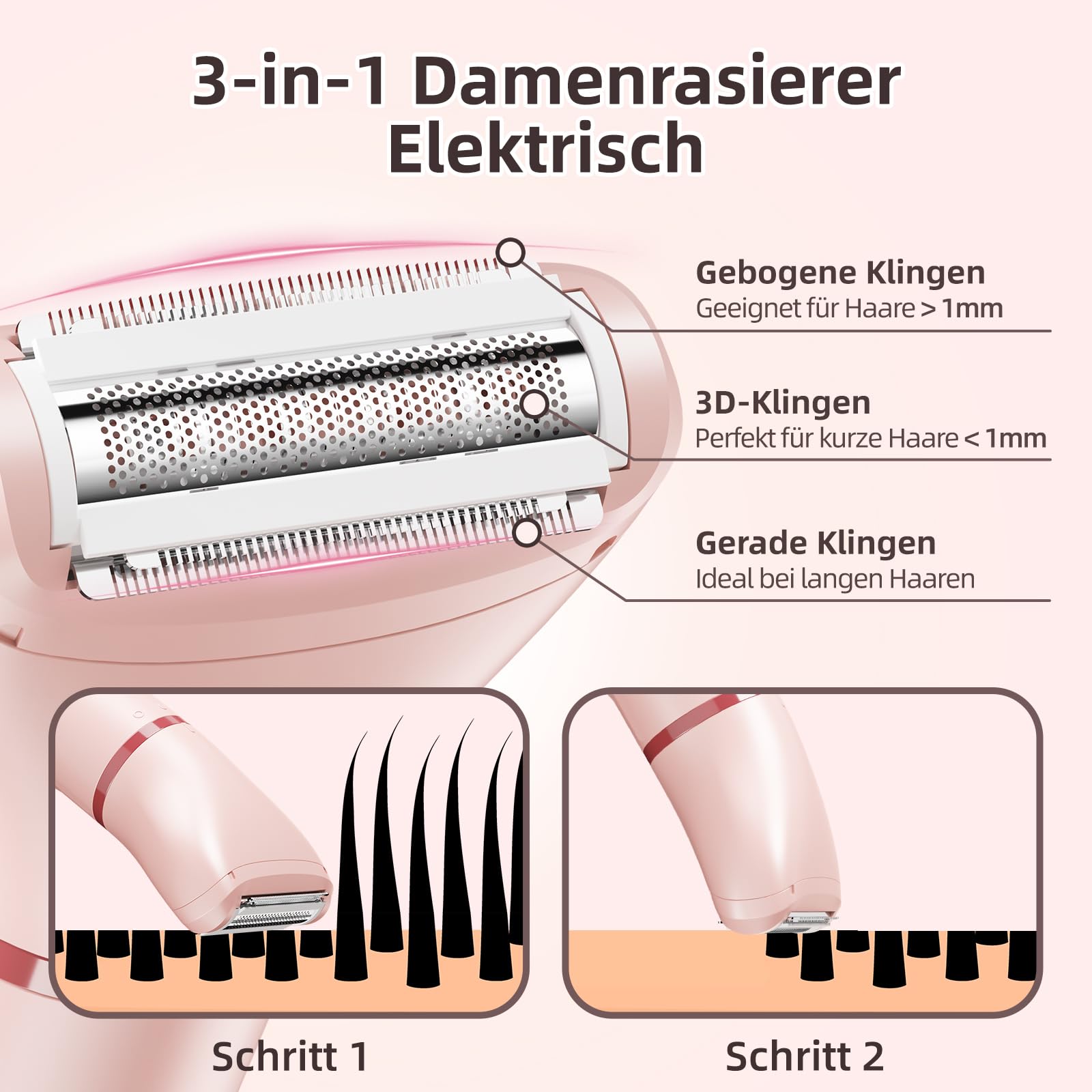 3-in-1 Intimrasierer für Frauen, Elektrischer Rasierer Damen | IPX7 wasserdicht, Sanfte Keramikklingen, LED-Anzeige, 600-mAh-Akku, kabellose Bauweise, 4 Kammaufsätze, Type-C-Ladung
