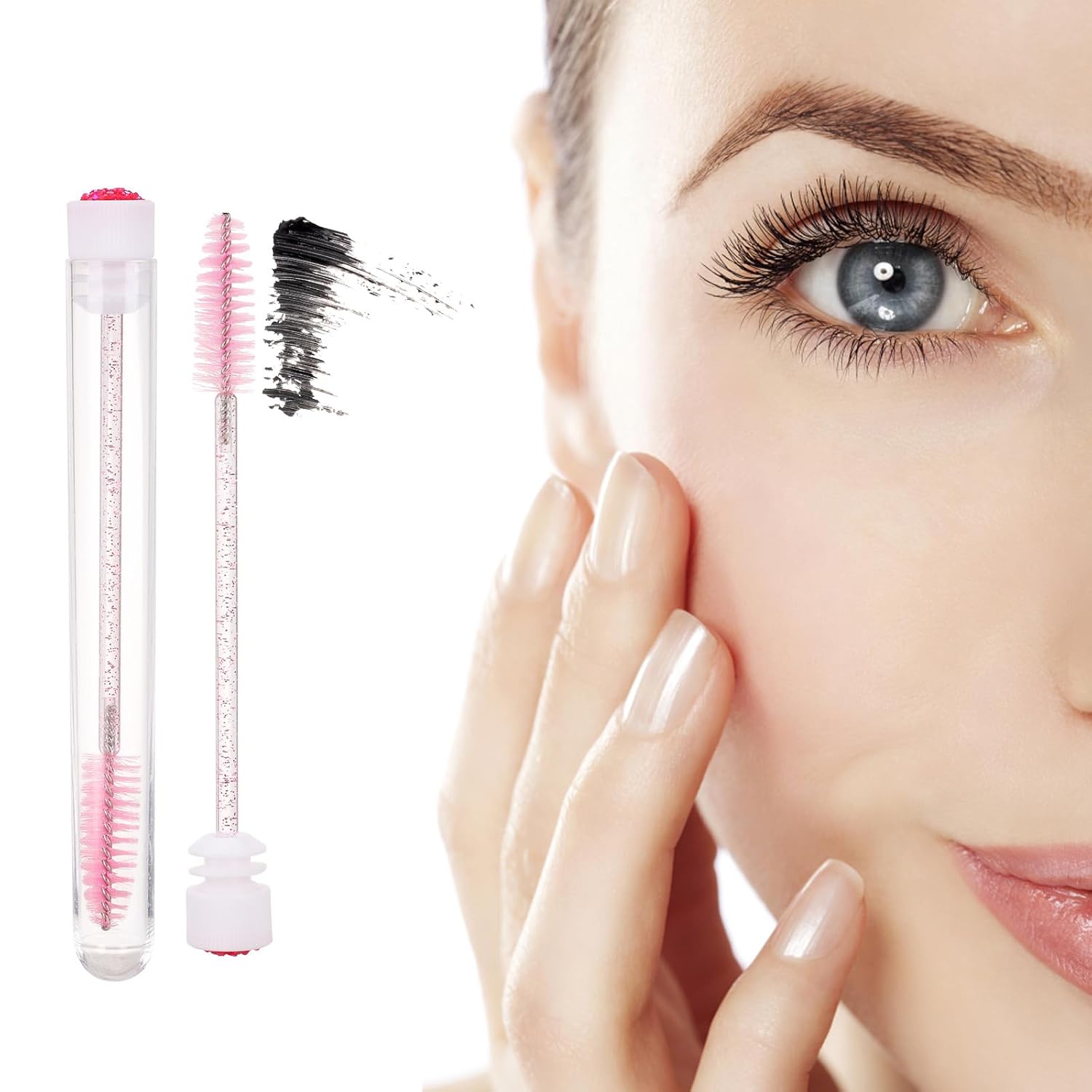 50 Pieces Disposable Mascara Wands, Diamond Eye Lash Brush with Tube Spoolies for Eyelash Extensions Makeup Tools - Pink