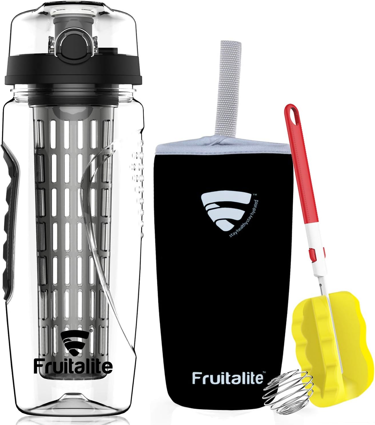 Fruitalite Fruit Infuser Water Bottle- 1 Litre, Full Length Tritan Infusion Rod, Cover Sleeve, Infused Detox Water Recipes eBook, Cleaning Brush- BLACK