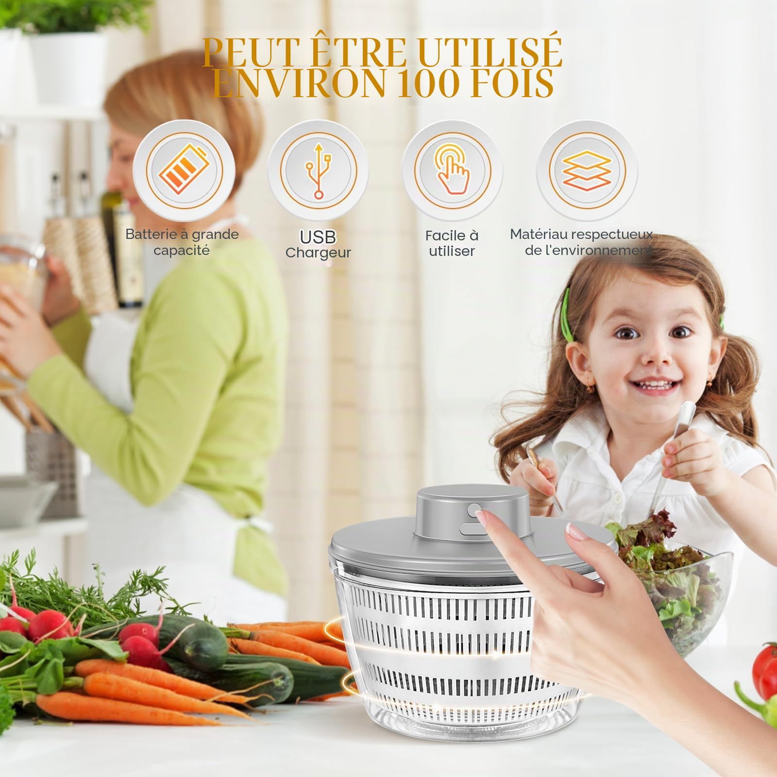 Essoreuse à Salade Automatique, 4000ML Grande Capacité Essoreuse Salade Déshydrateur électrique, saladier pour Servir, Rechargeable par USB mixeur Salade