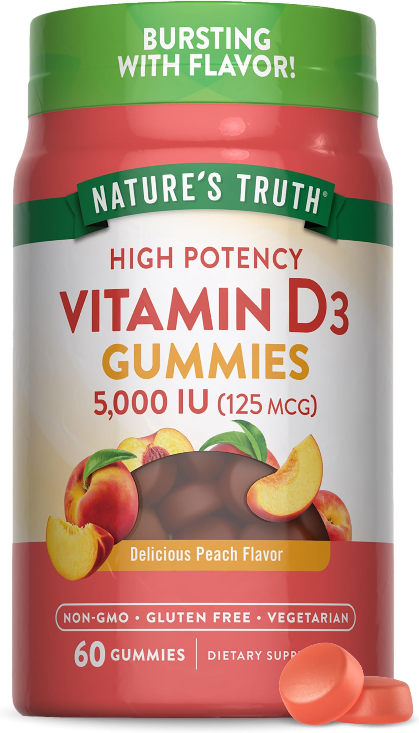 Vitamin D3 Gummies | 5000 IU | 60 Count | Peach Flavor | Vegetarian, Non-GMO & Gluten Free Supplement