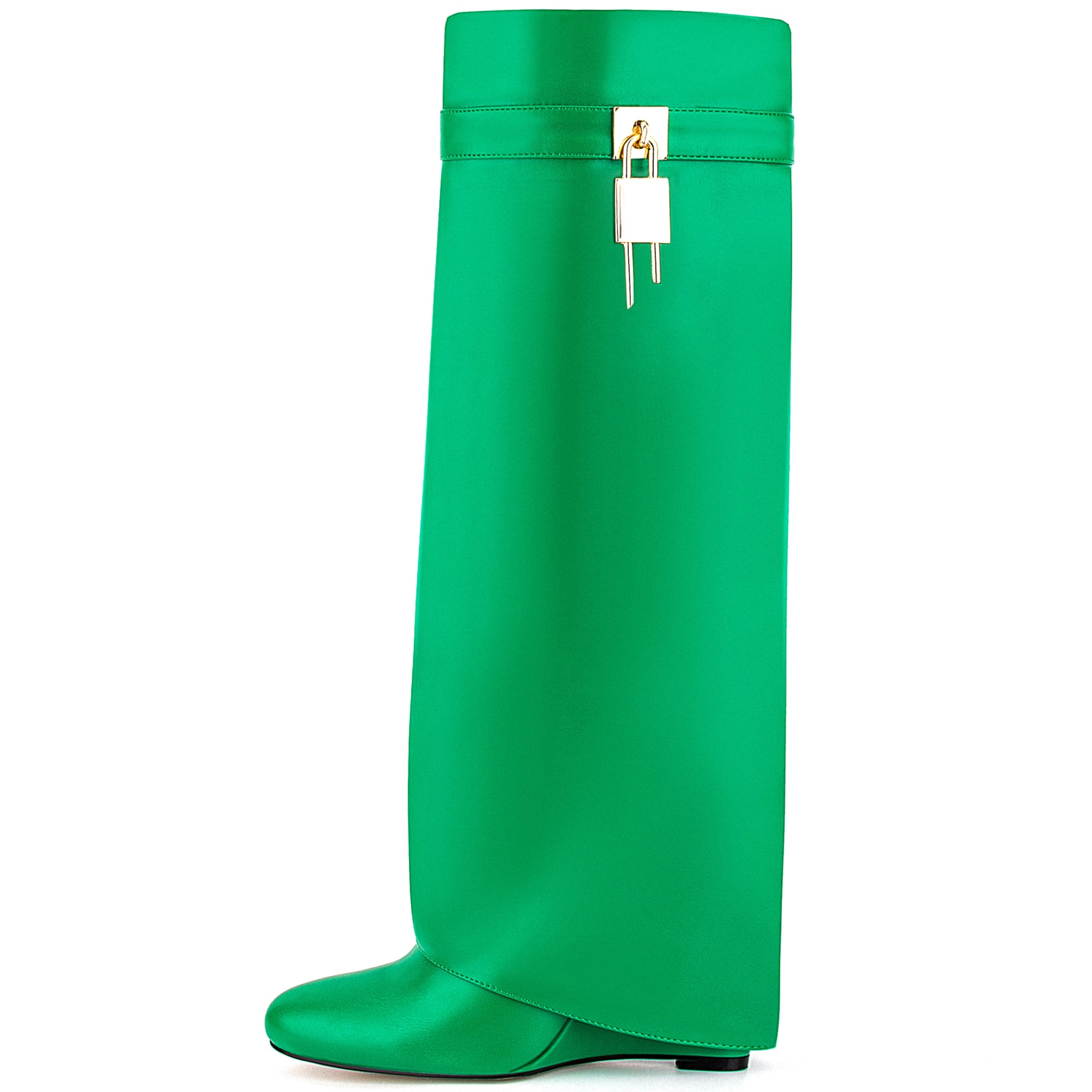 Women's Fold Over Knee High Shark Boots Wedge Heel Side Zipper