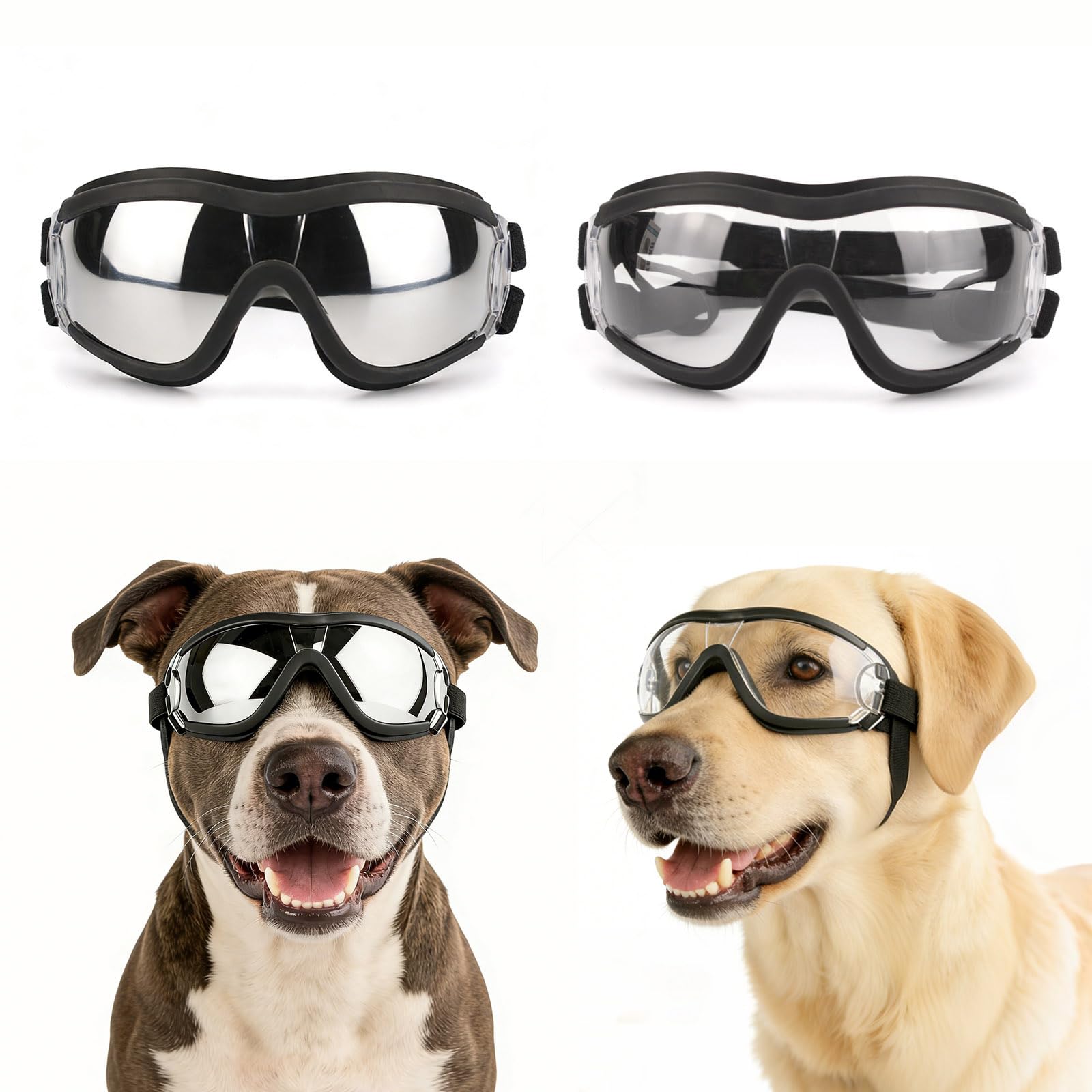 Namsan Lot de 2 paires de lunettes pour chiens moyens et grands, protection UV, lunettes pour chien, protection des yeux, sangles élastiques réglables, verres transparents/argentés
