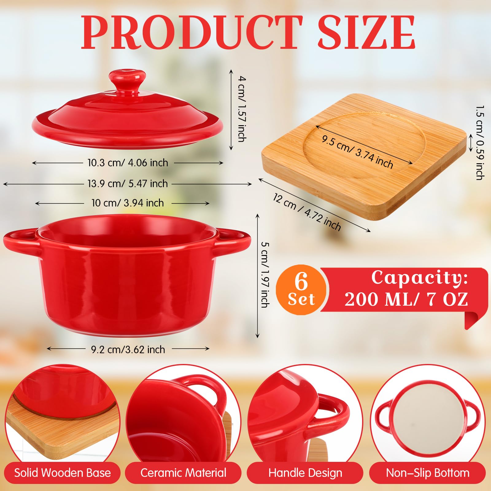 Mimorou Juego de 6 mini cocotte de cerámica de 7 onzas con tapa y base de madera, mini olla de horno holandés, cazuela redonda con asa para hornear, utensilios de cocina, hogar, restaurante, cocina