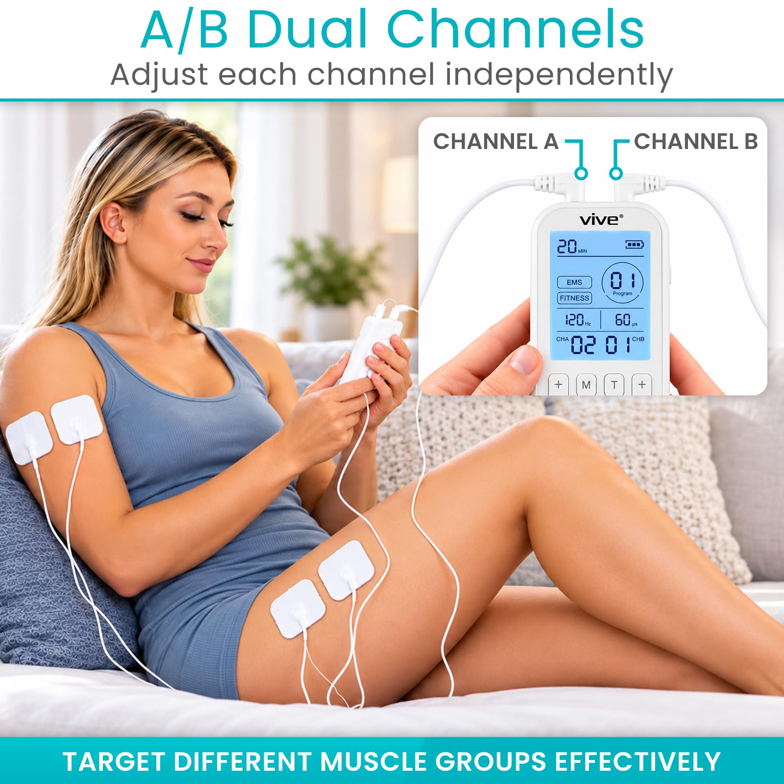 Vive Stim Machine for Muscle Recovery - 24 Mode Tens Unit Stimulator for Pain Relief Therapy - 24 EMS & 12 Fitness Models with Electrodes for Period Cramps, Physical Therapy - Stimulation Device — Amazon image 6