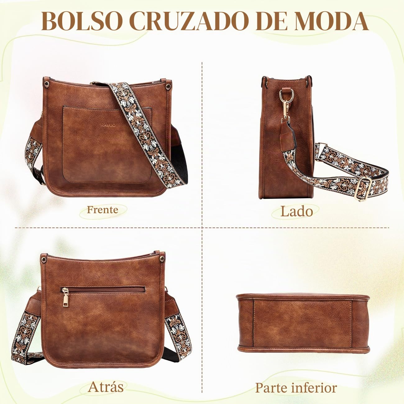 RAVUO Bolso Mujer, Grande Bolso Bandolera Mujer de Cuero Pu Bolso Cruzado Bolso Hombro Piel con 2 Correas Ajustable para Diario Viaje