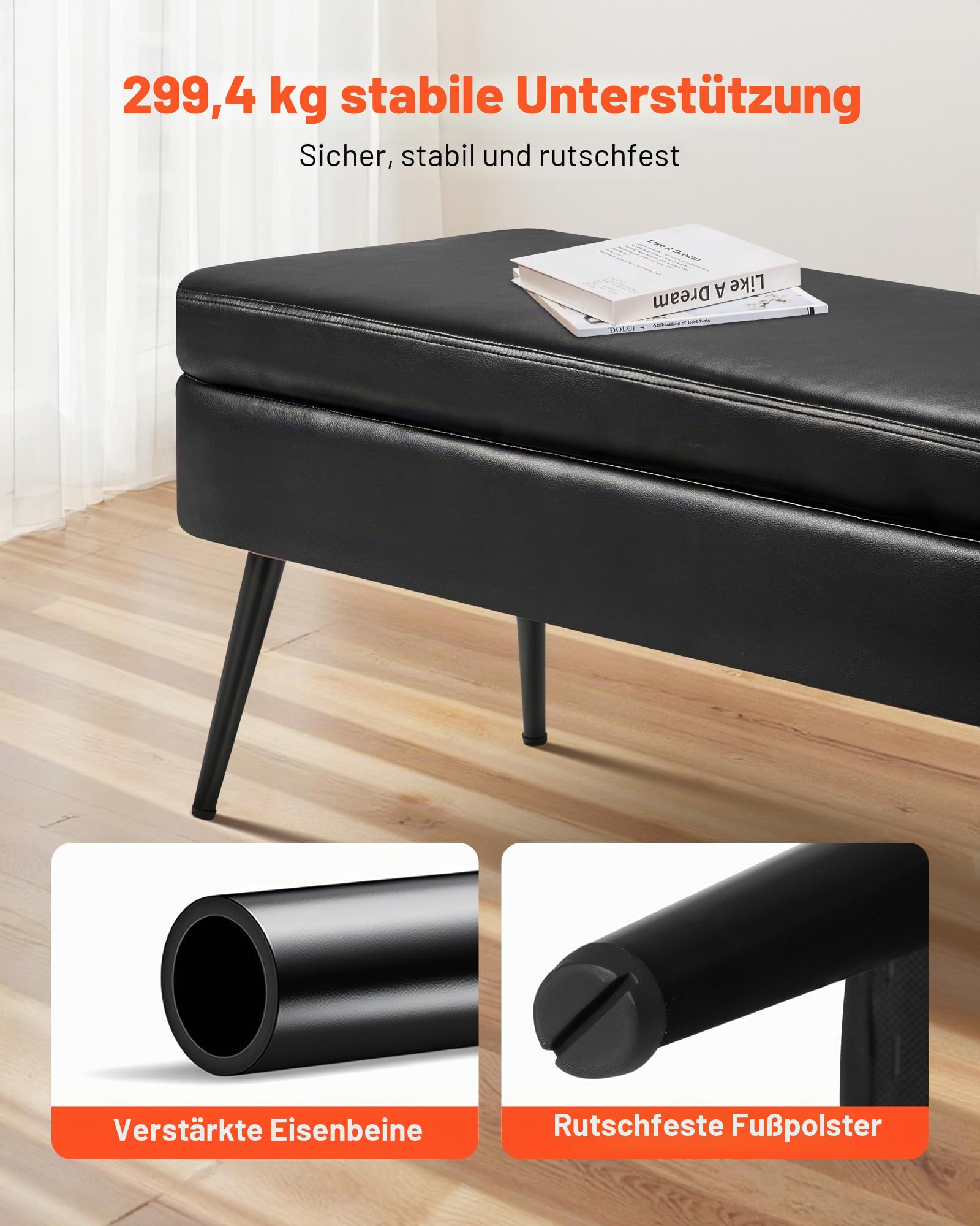VEVOR Sitzbank Ottomane (40 x 120 x 45 cm) aus PU-Leder mit Metallbeinen & Stauraum, gepolsterte Schuhbank mit 300 kg Tragkraft, Moderne Bettbank Schlafzimmerbank für Wohnzimmer Esszimmer Schwarz