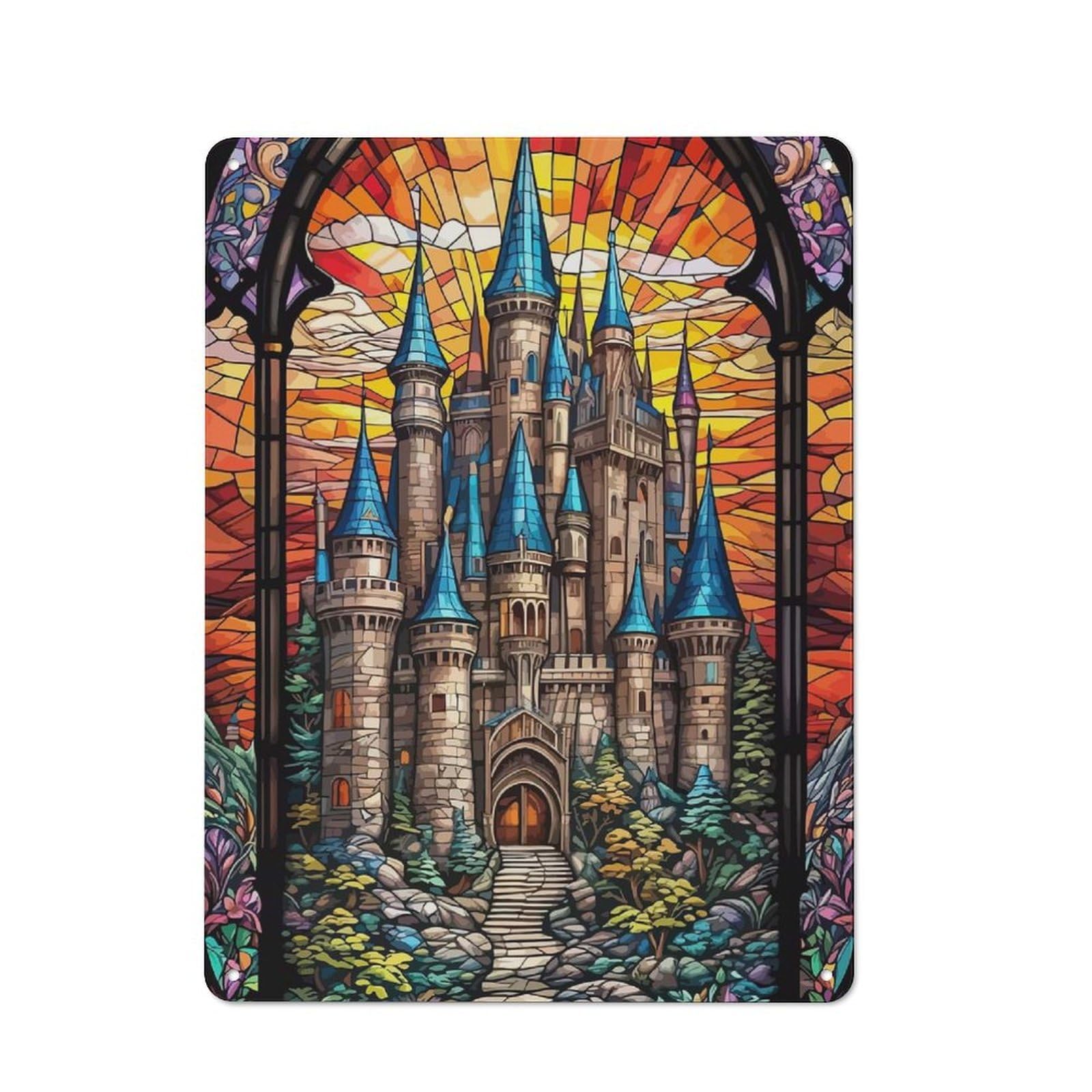Junmoney Castle Stained Glass Printed Metal Sign 40X30cm For Café Or Restaurant, For Hospitality Interior Collectors