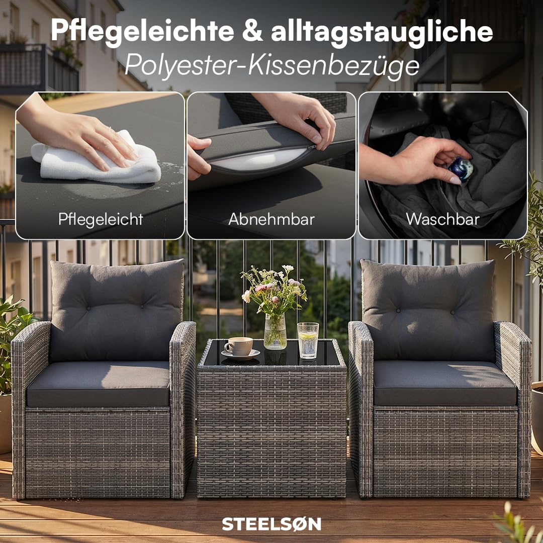 STEELSØN Selaria Rattan Gartenmöbel – Sitzgarnitur 2 Gartenstühle & 1 Tisch – Outdoor-Sitzgruppe grau – Gartensessel wetterfest 2 Personen – Gartenset mit Sitzkissen – Balkonset – Terrassenmöbel