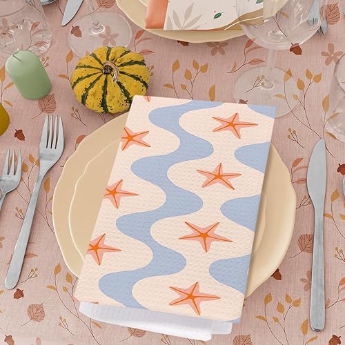Miniatura 4 de SPBL&L Toallas de cocina retro costeras de playa, preppy océano con estrellas de mar y ondas, paños de cocina decorativos para cocina, playa