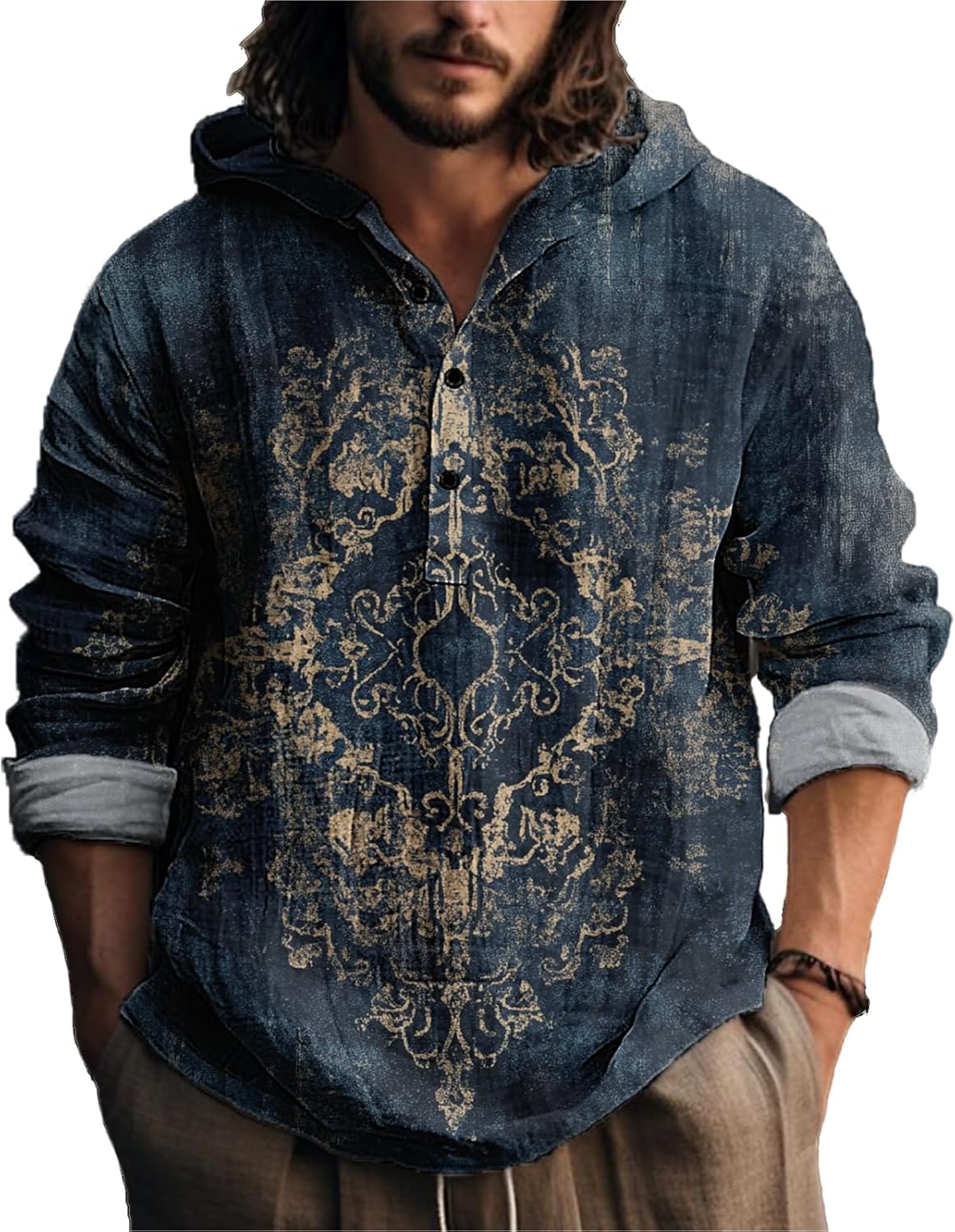 MARSVOVO Vintage Ethnic Men's Lightweight Hoodie Long Sleeve 3 Button Hooded Shirt Comfy Cool Daily Tops for Spring Fall