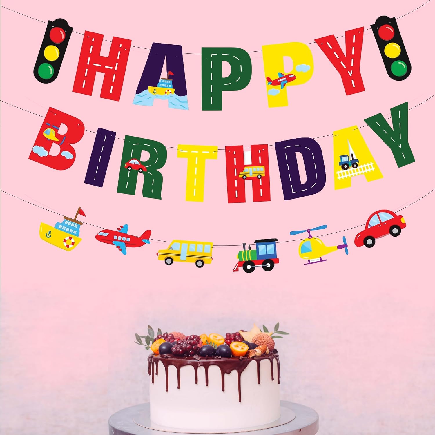 Pre-Strung Transportation Theme Happy Birthday Banner – Party Decorations with Cars, Trains, Planes & Helicopters – Premium Cardstock Garland for Boys Birthday Party Supplies image 5