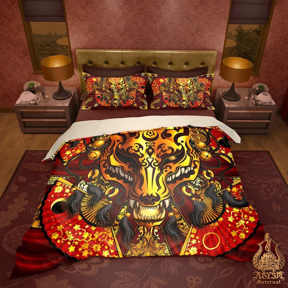 Fox Mask Duvet Cover Sets Bedding Super King Size Japanese Fox Style Quilt Covers Bedding Set Microfibre Polyester Duvet Cover With 2 Pillowcase, Easy Care Washable (Super King，220x260 cm)