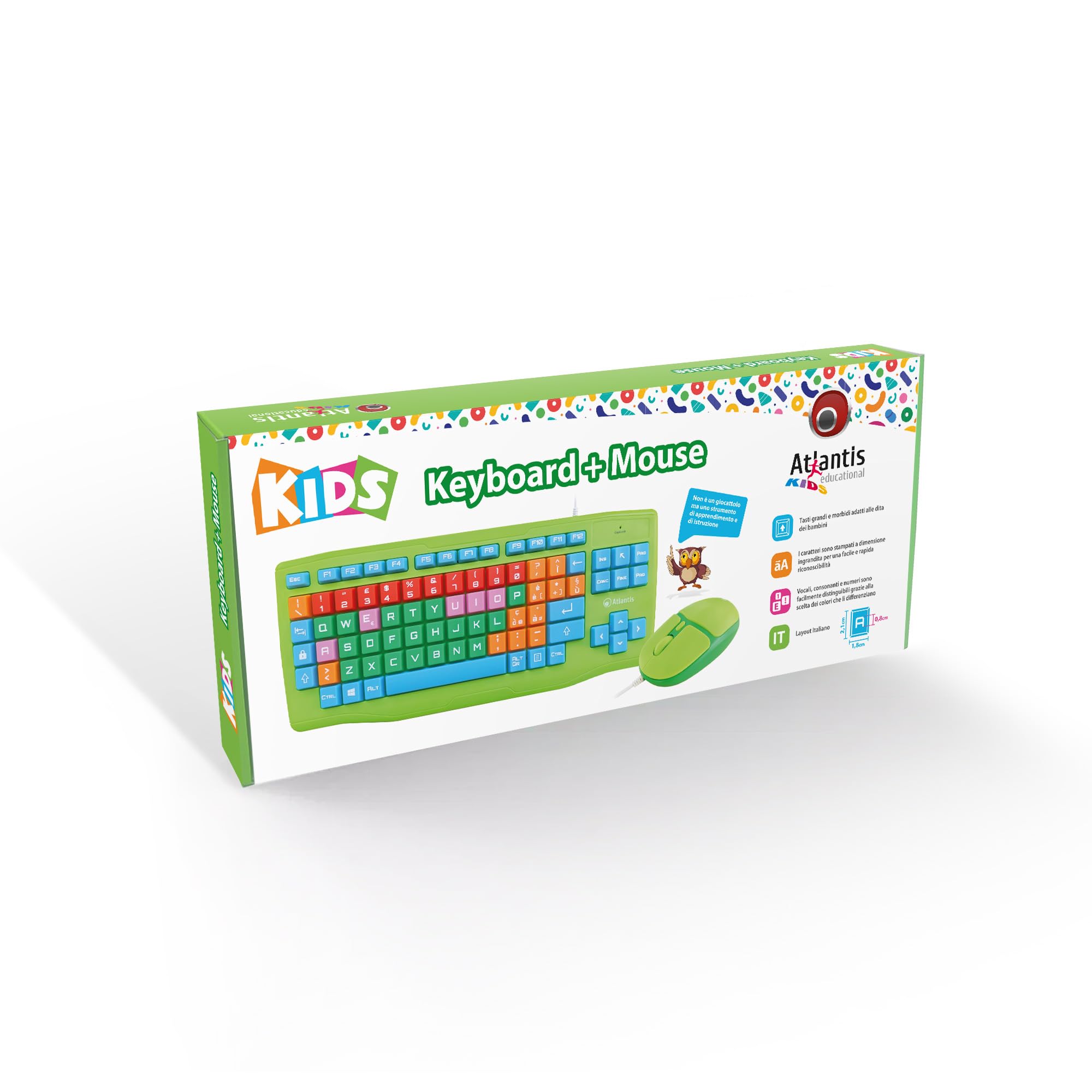 Atlantis Kids Keyboard + Mouse, Kit Tastiera Italiana QWERTY e Mouse USB fino a 1600Dpi con tasti grandi, morbidi, colorati, caratteri ingranditi