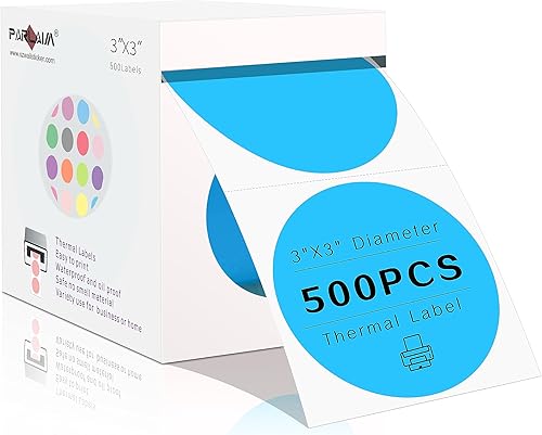 PARLAIM Etiquetas térmicas circulares de 3 pulgadas, rollo adhesivo de 500 etiquetas adhesivas azul cielo para código de barras, dirección,