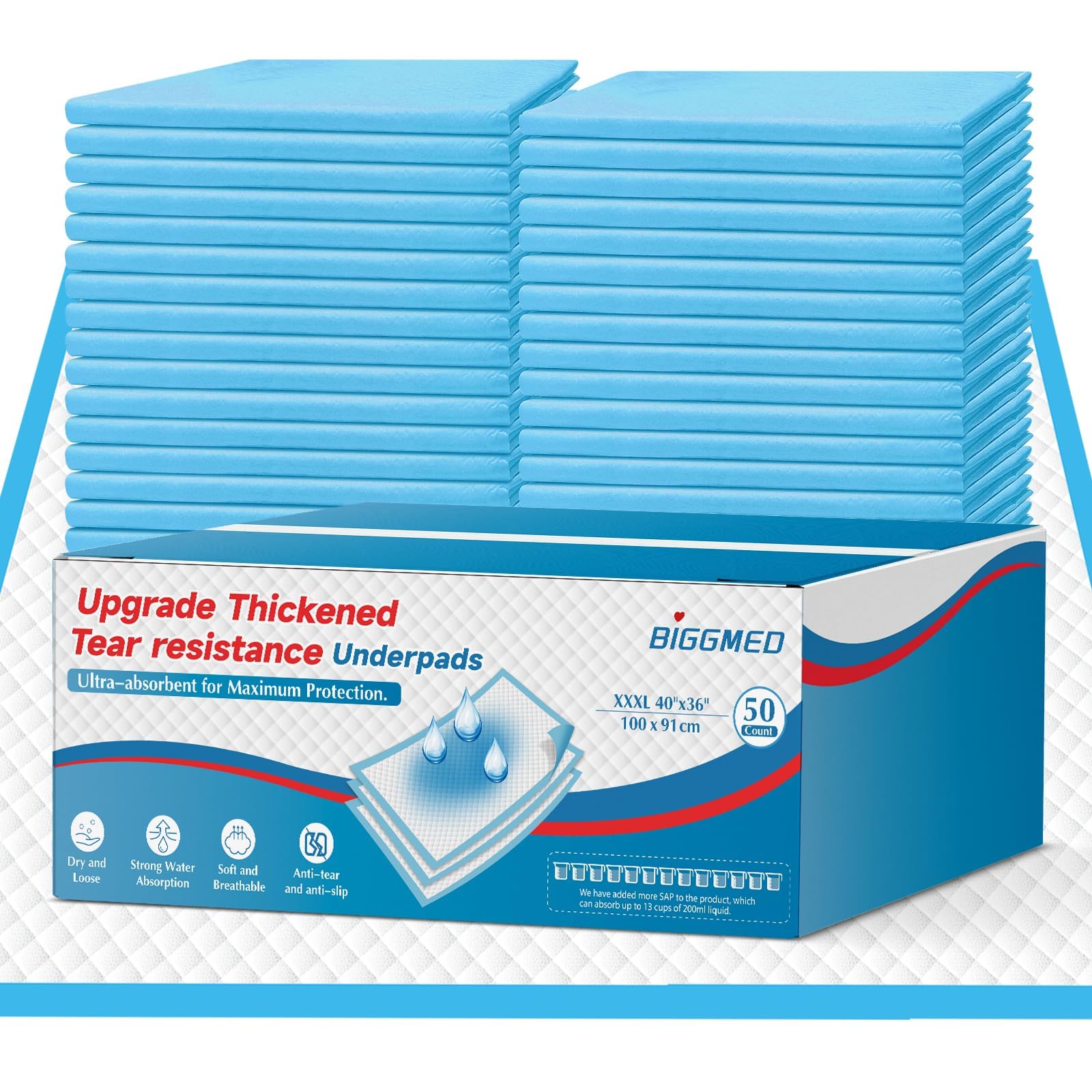 BIGGMED Tear-Resistant Incontinence Bed Pads 40 x 36 50 Count with 130 Gram Heavy Duty Disposable Underpads Chucks