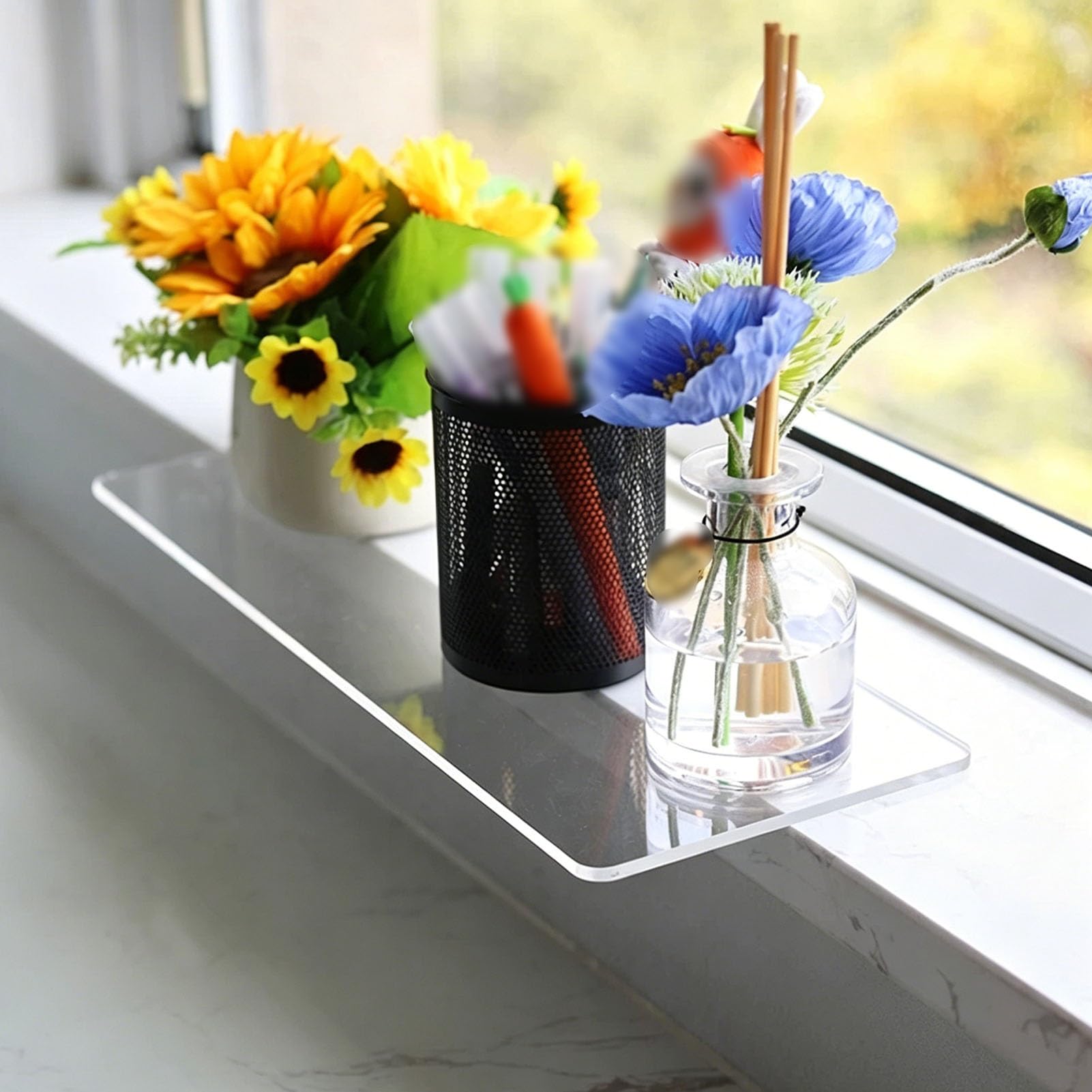 Vibeo No Drill Clear Window Ledge Extender 6 7 8 in Wide, Countertop Extension Board with Double-sided Adhesive, Waterproof Window Sill Extender Shelf Customizable(90x18 cm (35.4x7.1 in))