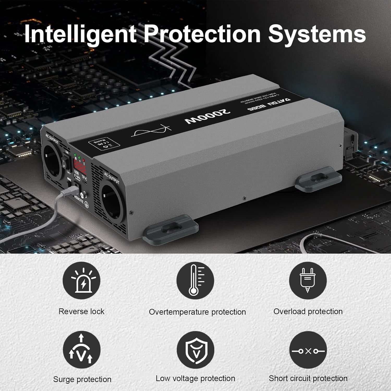 Diagram showing intelligent protection systems: reverse lock, overtemperature, overload, surge, low voltage, short circuit protection.