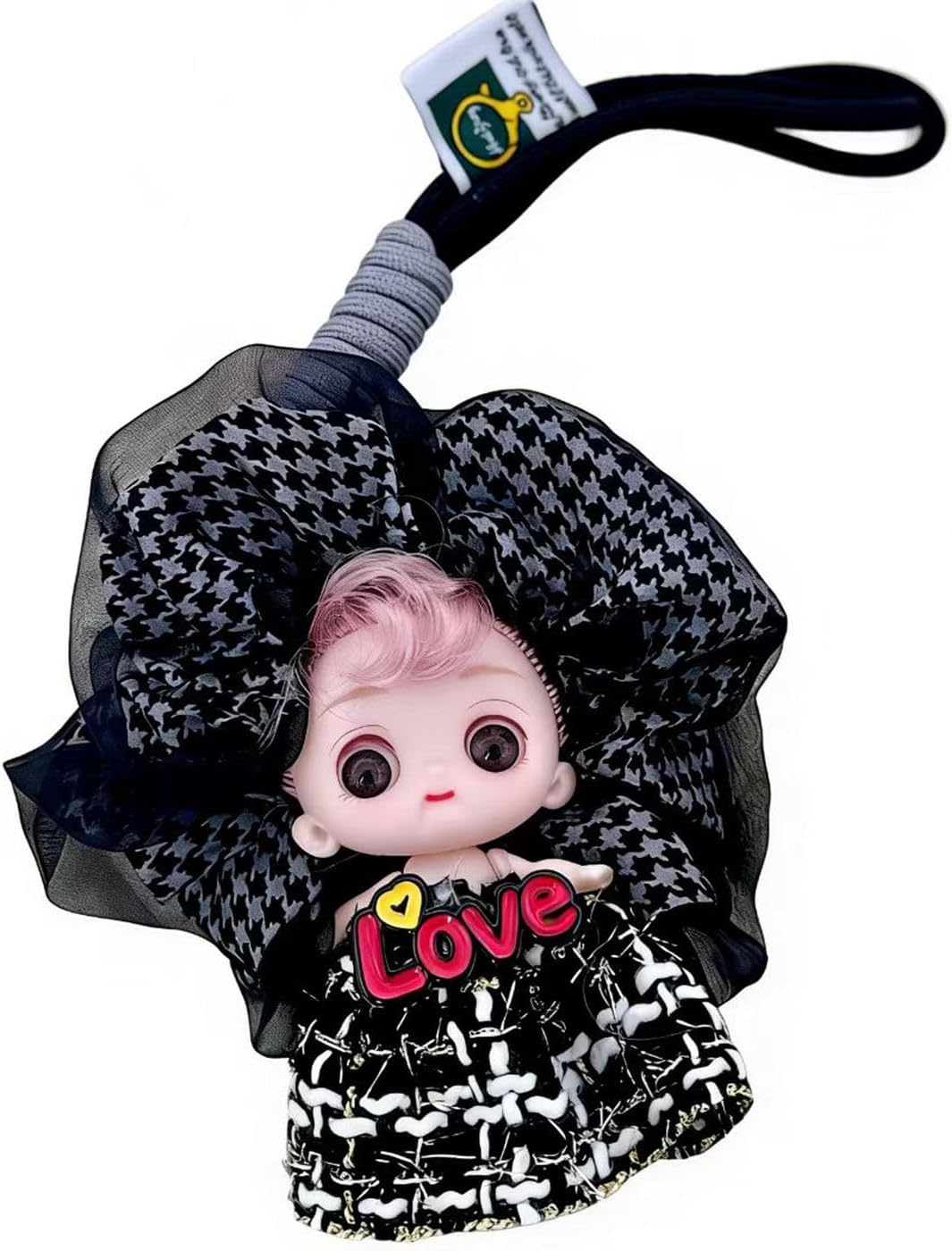 Doll Keychain Bag Pendant with Love Design, Fine grid Dress, Adult Accessory, 3.93 x 2.75 Inches Fine grid