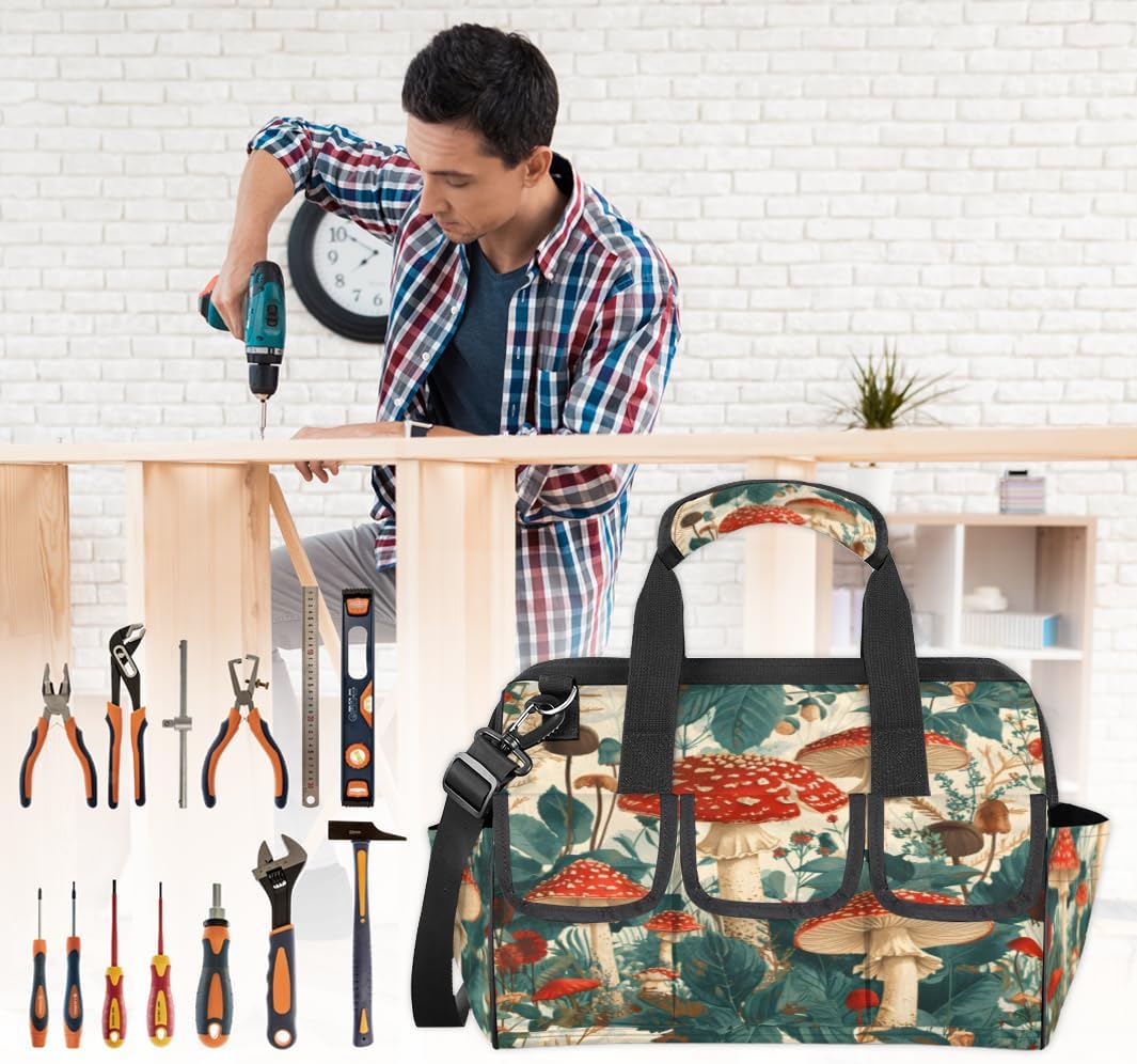 Forest Floor Fungi Heavy Duty Tool Bag 14.8 Inch for Men, Wide Mouth Garden Tool Storage Bag with Adjustable Shoulder Strap, 14 Pockets Tool Bag Organizer for Construction, Gardening