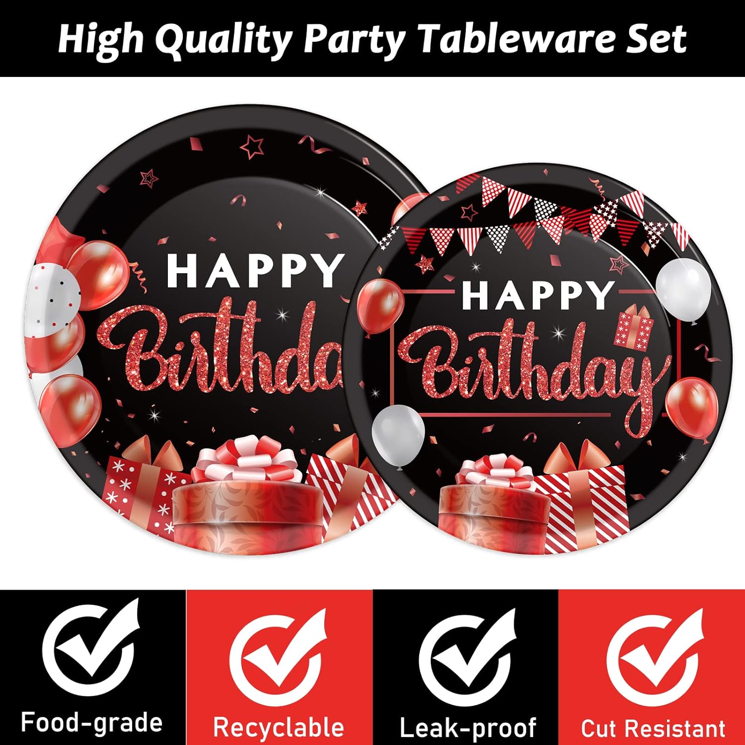 200Pcs Red and Black Birthday Party Tableware Set - Confetti Sprinkles, Happy Birthday Supplies - Red and Black Paper Plates and Napkins, Forks for 50 Guests