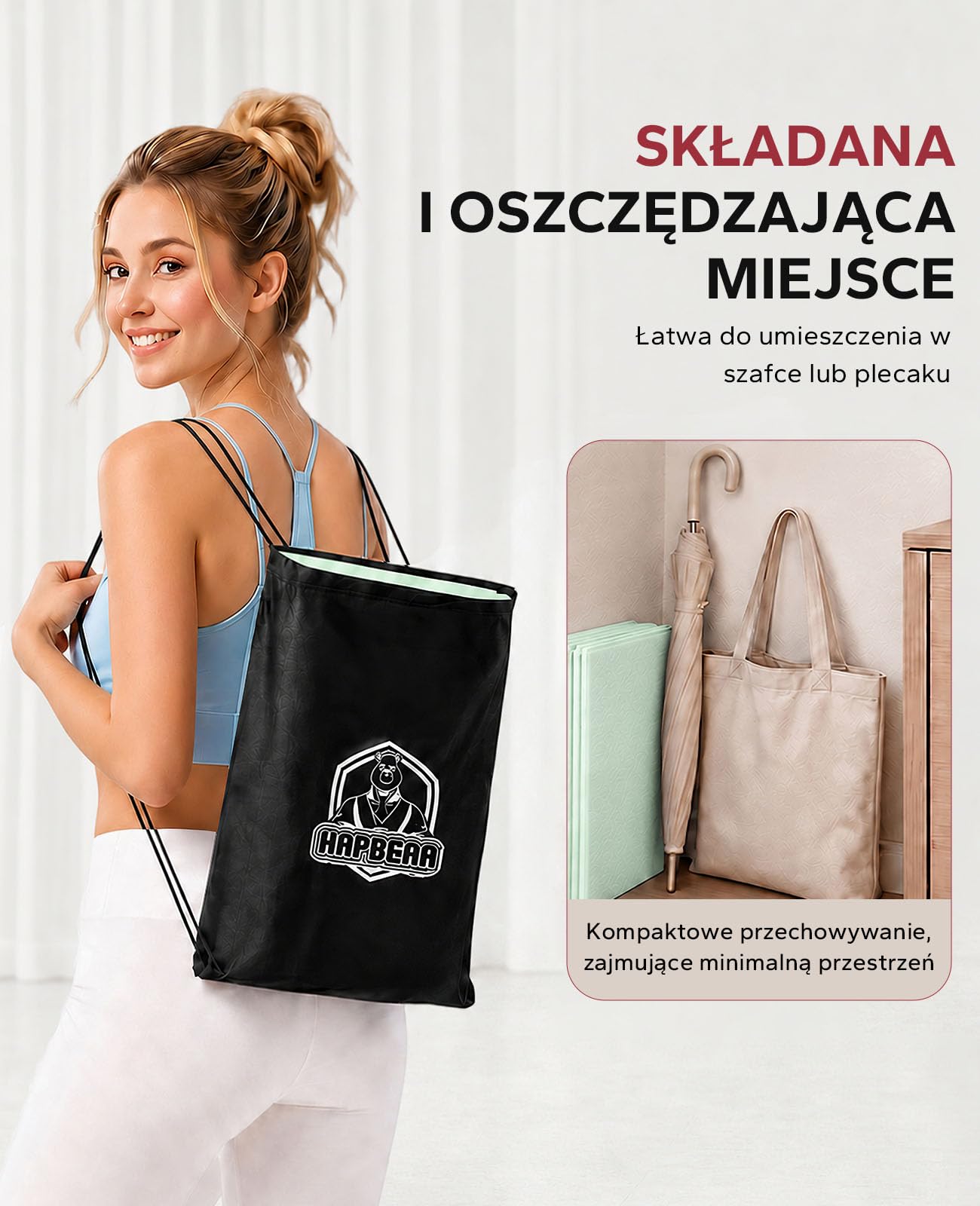 HAPBEAR Składana mata do jogi 183×61×6mm antypoślizgowa z TPE ekologiczna do jogi pilates treningów domowych podróż z torbą transportową