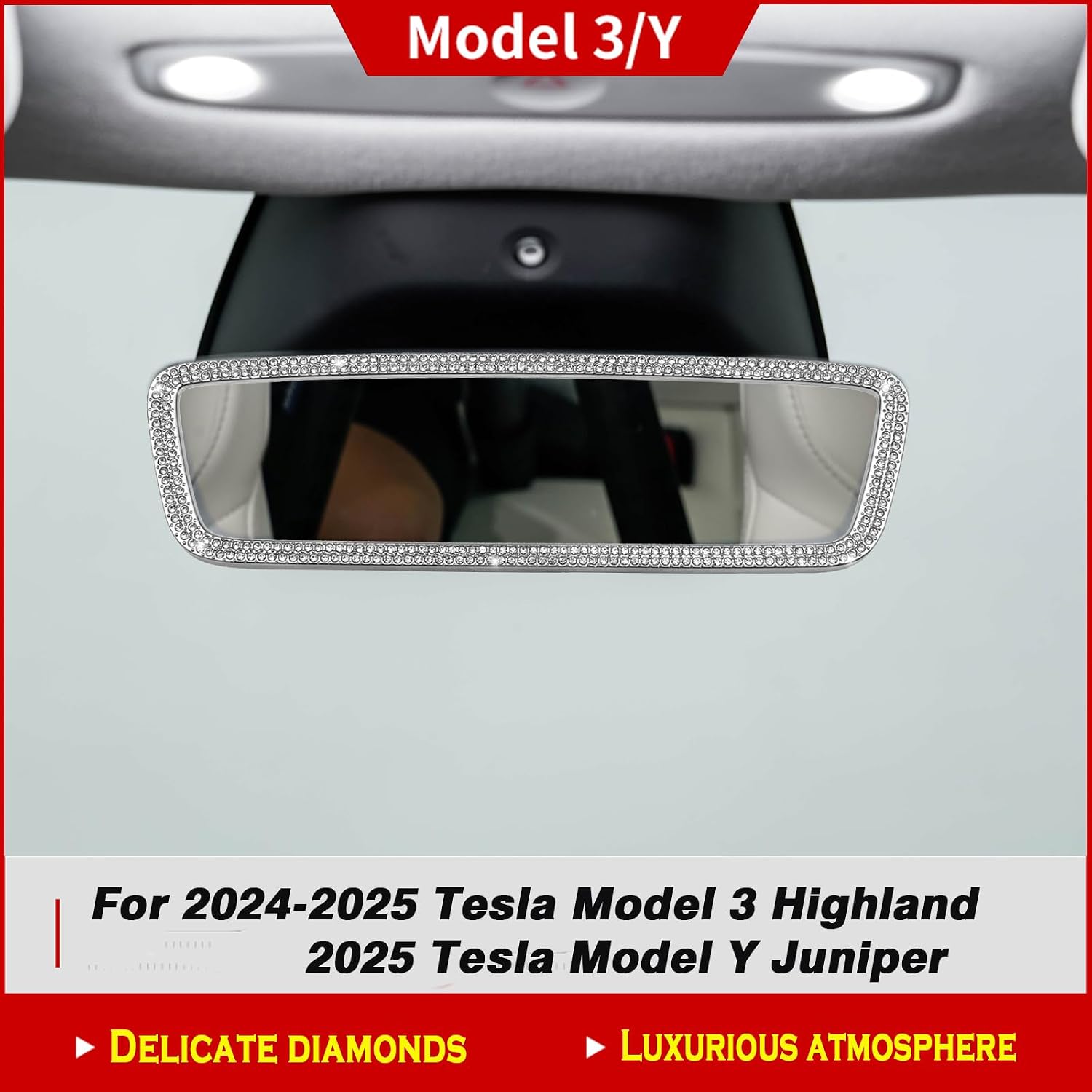 YHCDSEA Bling Rhinestone Bedazzled Crystal Trim Stickers for 2024-2026 Tesla Model 3 Highland/2025 2026 Model Y Juniper Accessories (Interior Rearview Mirror Frame)
