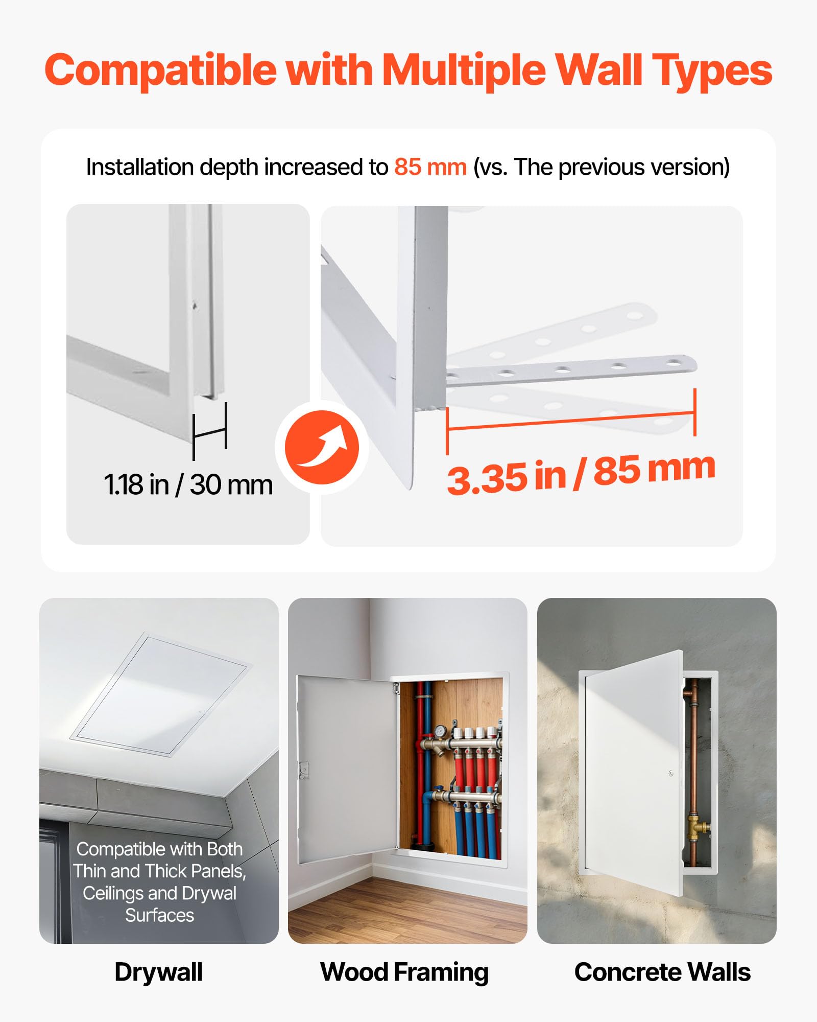 Condition photo showing New/Like New for vevor access panel for drywall, 16x22  in galvanized steel access door, easy install hinged service panel with screwdriver latch, for ceiling plumbing electrical, 16.4 x 24.4 in cutout size white