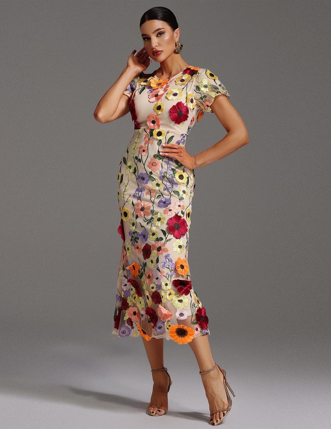 BELLA BARNETT Floral Short Sleeve Bodycon Garden Party Dress Elegant Flowers Embroidery Fishtail Party