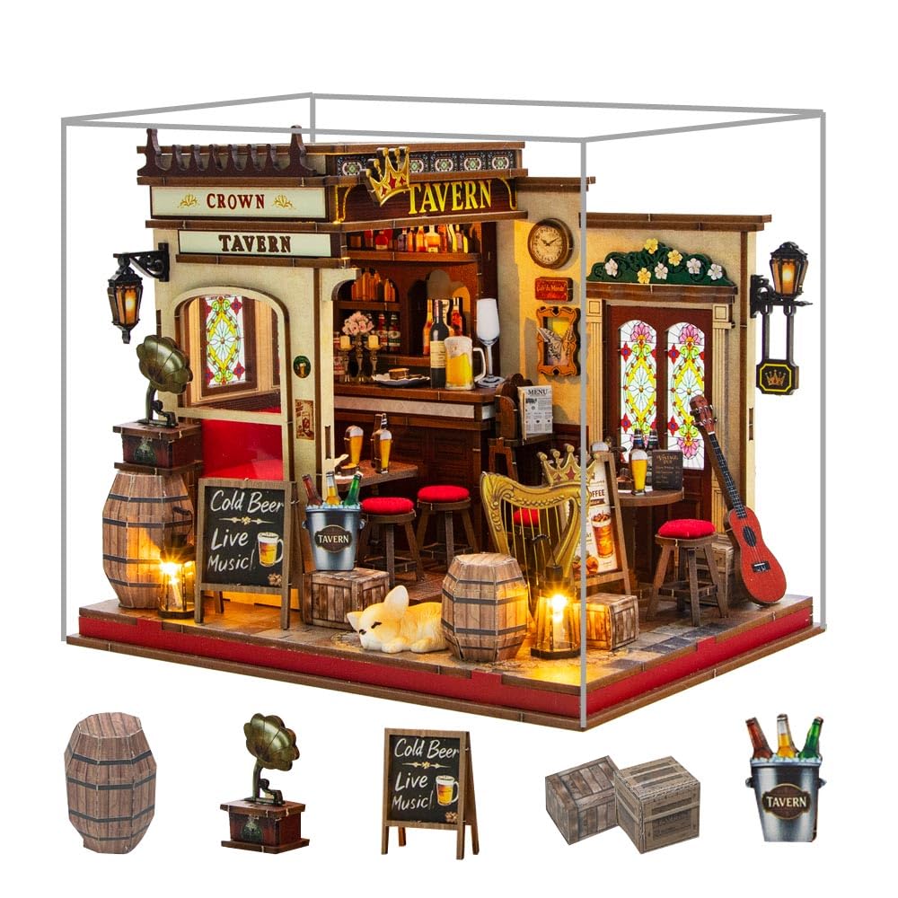 DIY miniaturowy zestaw do domku dla lalek mini pub model architektoniczny 3D drewniane puzzle zestaw montażowy dla dorosłych zawiera osłonę przeciwpyłową wystrój domu kreatywny prezent
