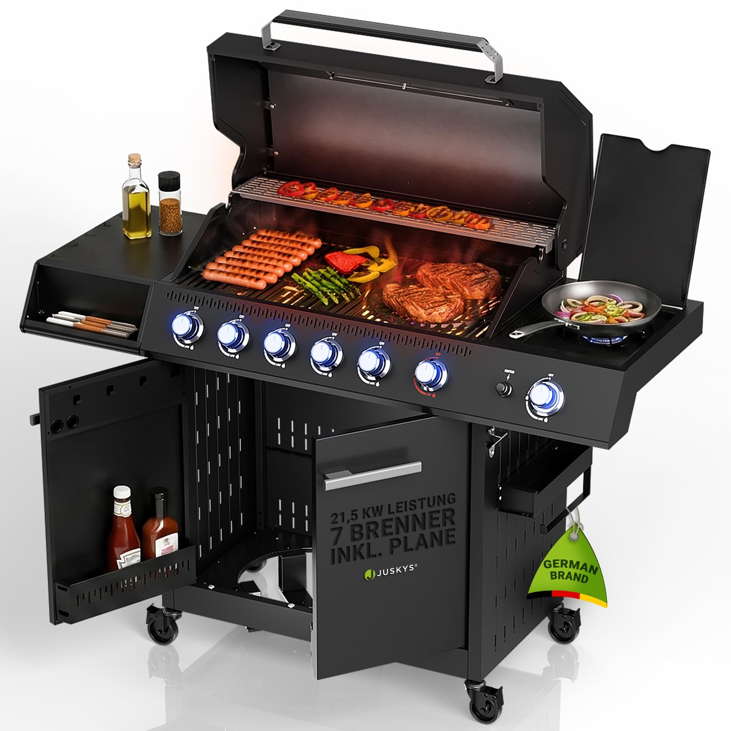 JUSKYS® Gasgrill Tennessee 6+1 – Grillwagen mit 6 Edelstahlbrennern, Seitenkocher, Gusseisenrosten, Glasdeckel mit Thermometer, LED-Knöpfen & Abdeckung
