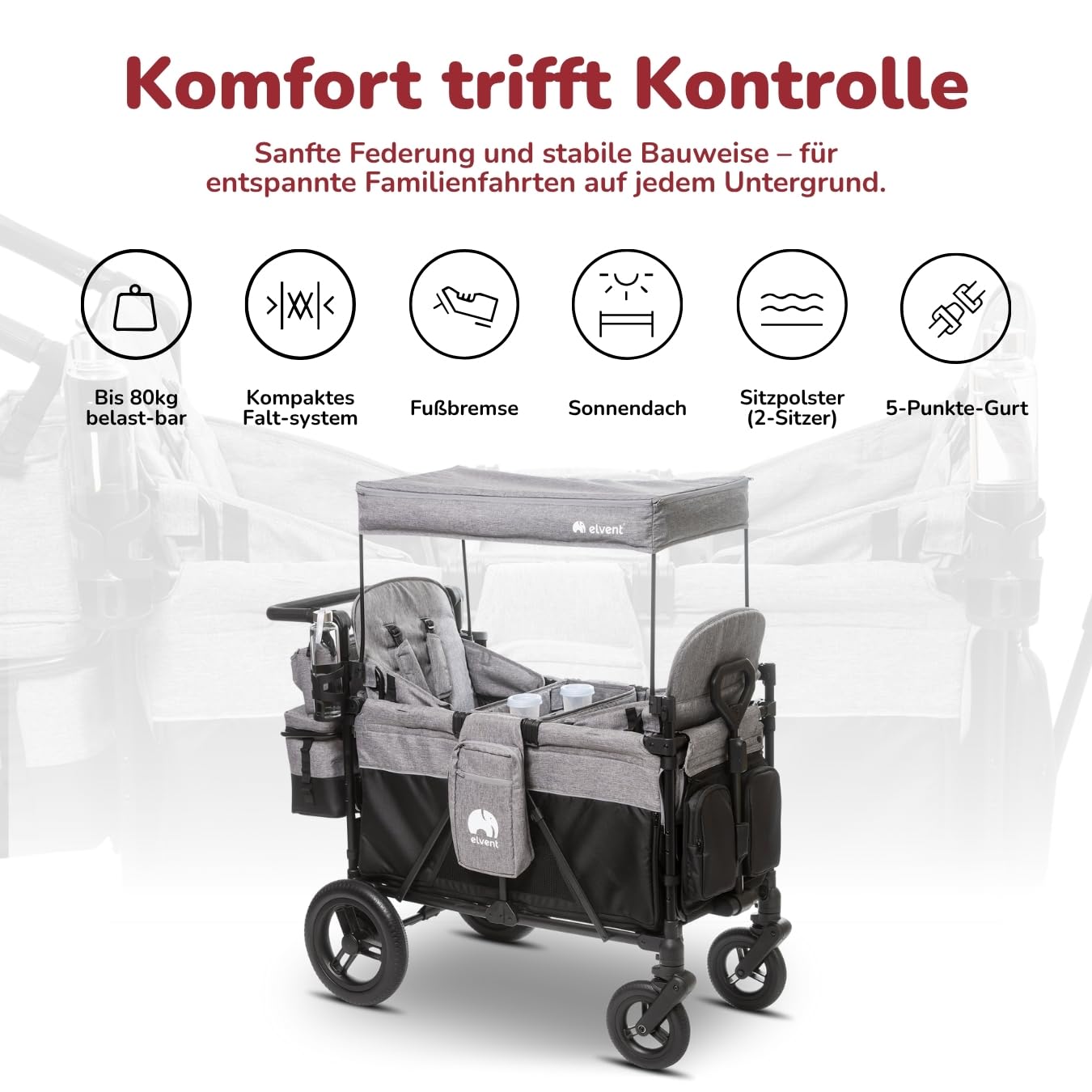 elvent® ComfortPlus 2 Sitzer Bollerwagen - Handwagen faltbar mit Dach I Feststellbremse, PU-Reifen, 5-Punkt-Gurt I für 2 Kinder (grau)
