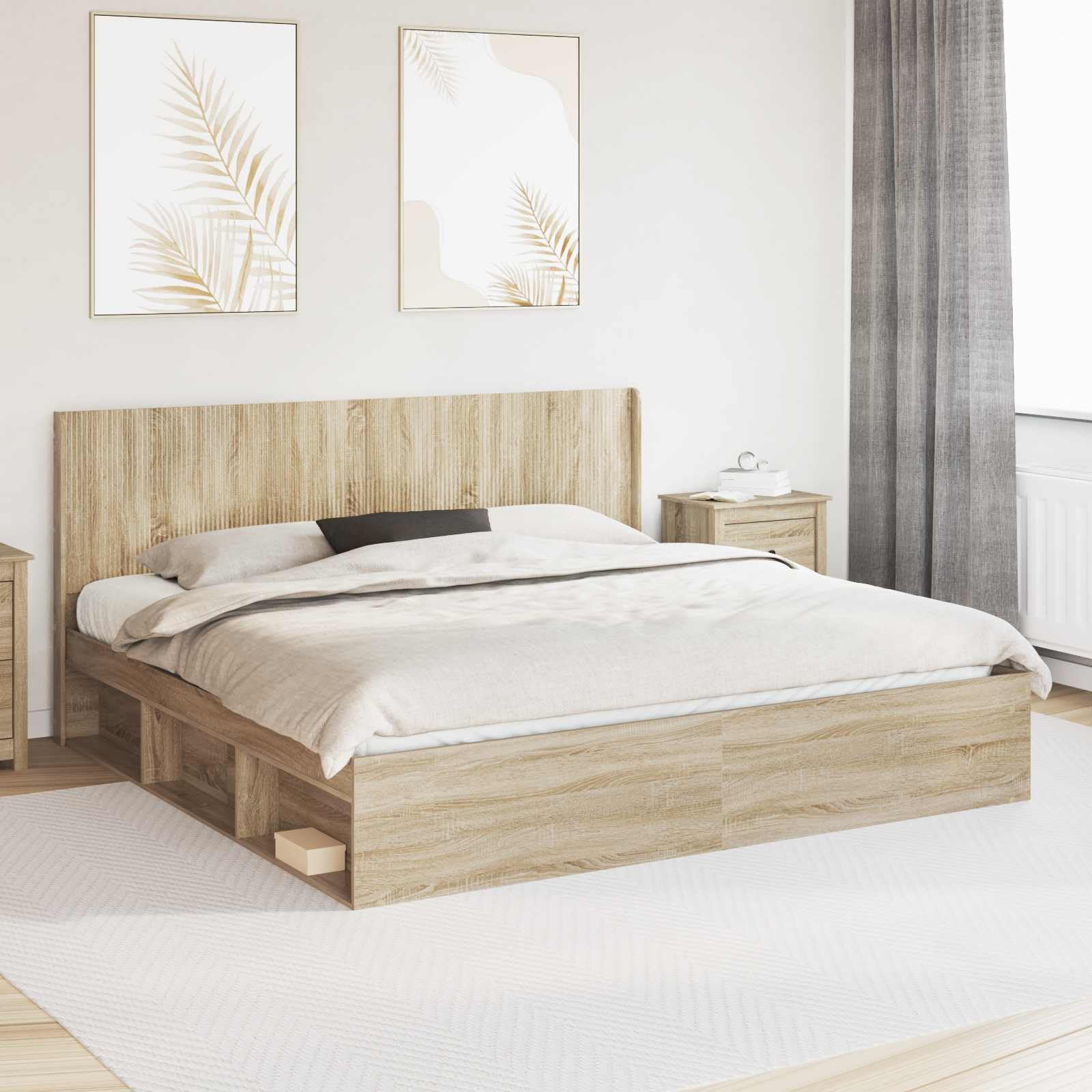 Fengshui Kopfteil Sonoma-Eiche Holzwerkstoff | Vertikales Latten-Design, Feuchtes Tuch Reinigung, Stabile Fußkonstruktion, Bettgestell-Montage