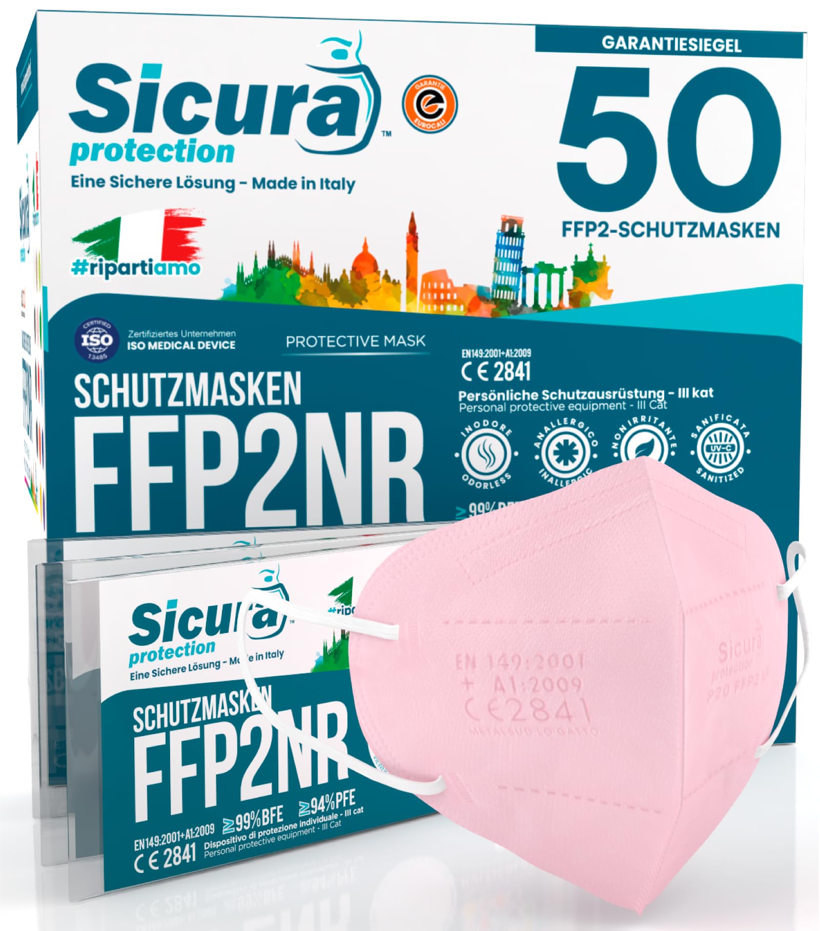 SICURA MASCHERINE CHIRURGICHE 50 FFP2 Masken in der Farbe PINK CE zertifiziert SAFE Italy geprägtes Logo BFE ≥99% Made in Italy sanitiziert und einzeln versiegelt FFP2-Masken
