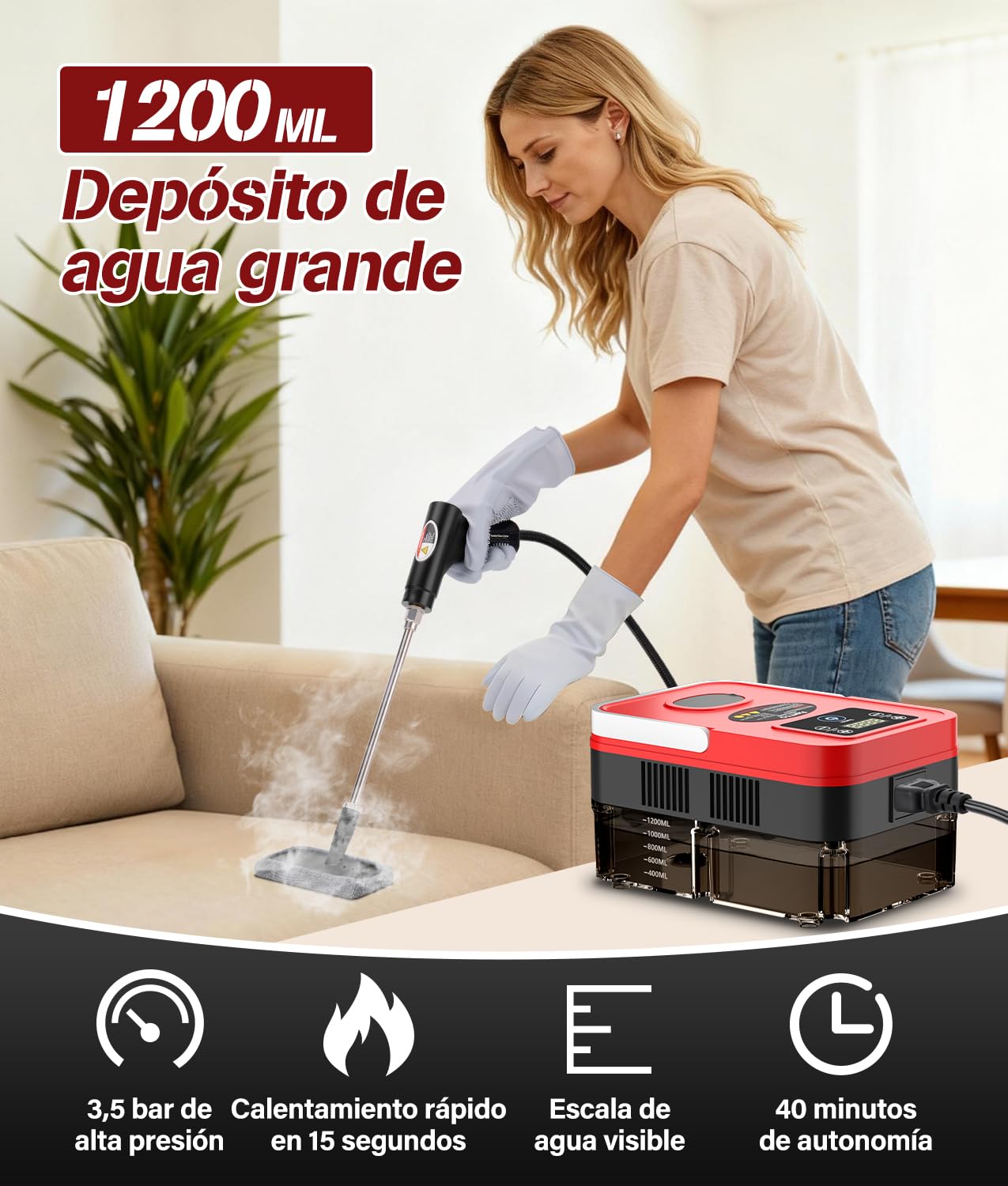 PAHTTO Limpiador a vapor multifuncional, depósito de agua de 1200 ml, pantalla LCD y mango ajustable, 20 accesorios, tiempo de calentamiento de 15 segundos, para cocina, sofá, ventanas, coche, etc.