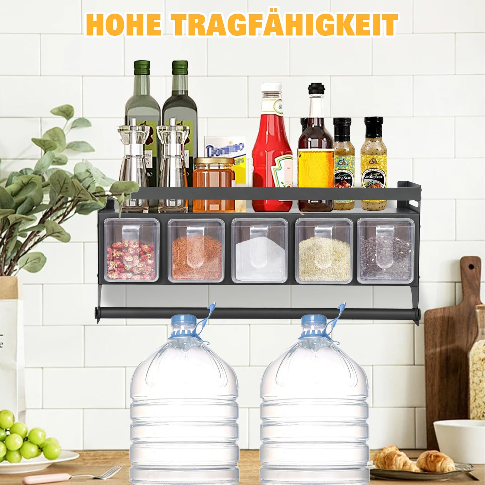 Estantería para especias con botes de especias, estantería de cocina de pared sin necesidad de taladrar, juego de combinación de organizador de cocina y estante de almacenamiento, estante para
