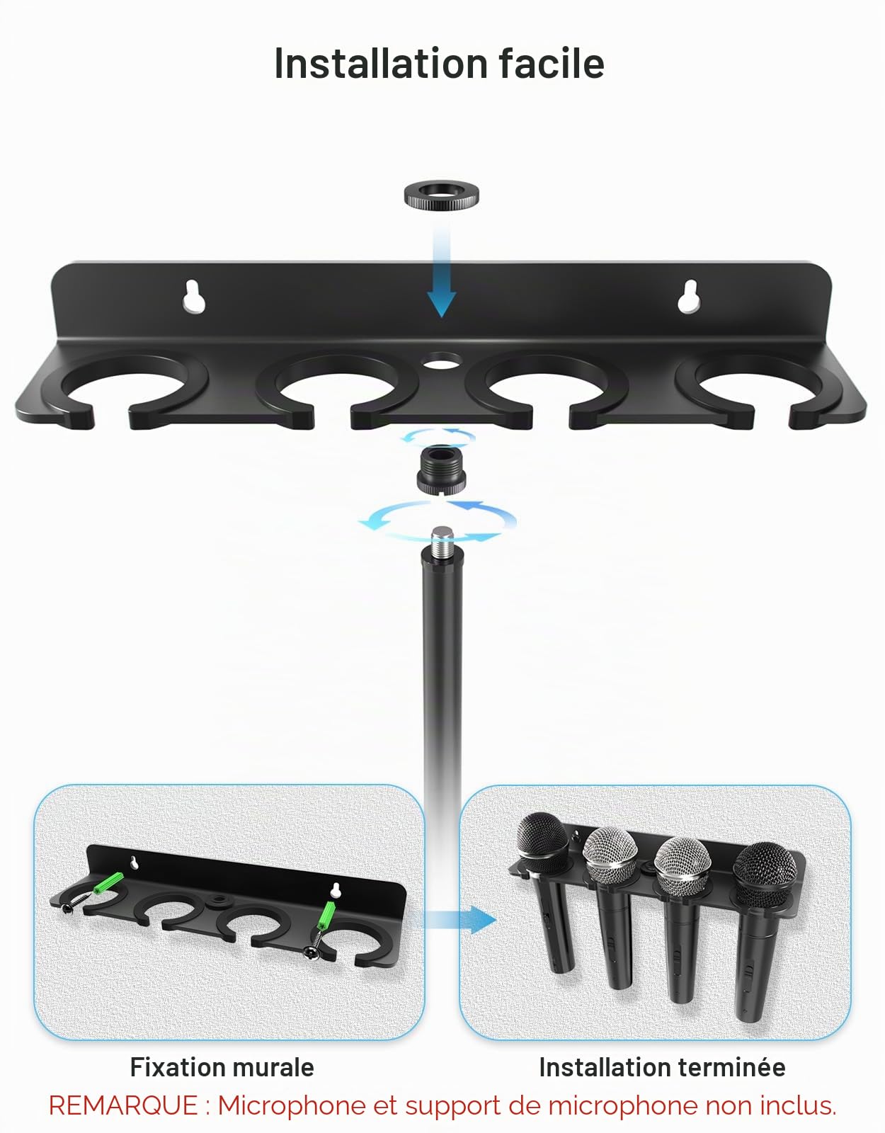 [Mise à niveau 2026] Support de microphone multiple pour support de micro organisateur de rangement pour plusieurs micros dynamiques portables filaires et sans fil Support mural ou rembourrage