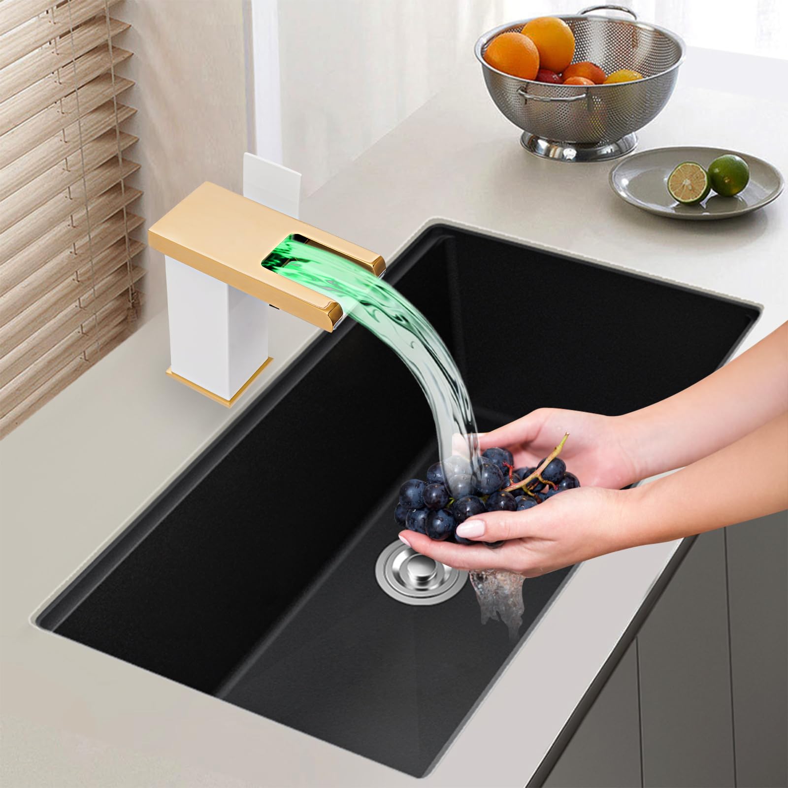 Robinet de lavabo cascade blanc en cuivre, voyants LED de contrôle de la température, robinet d'évier avec poignée unique, mitigeur pour eau chaude et froide