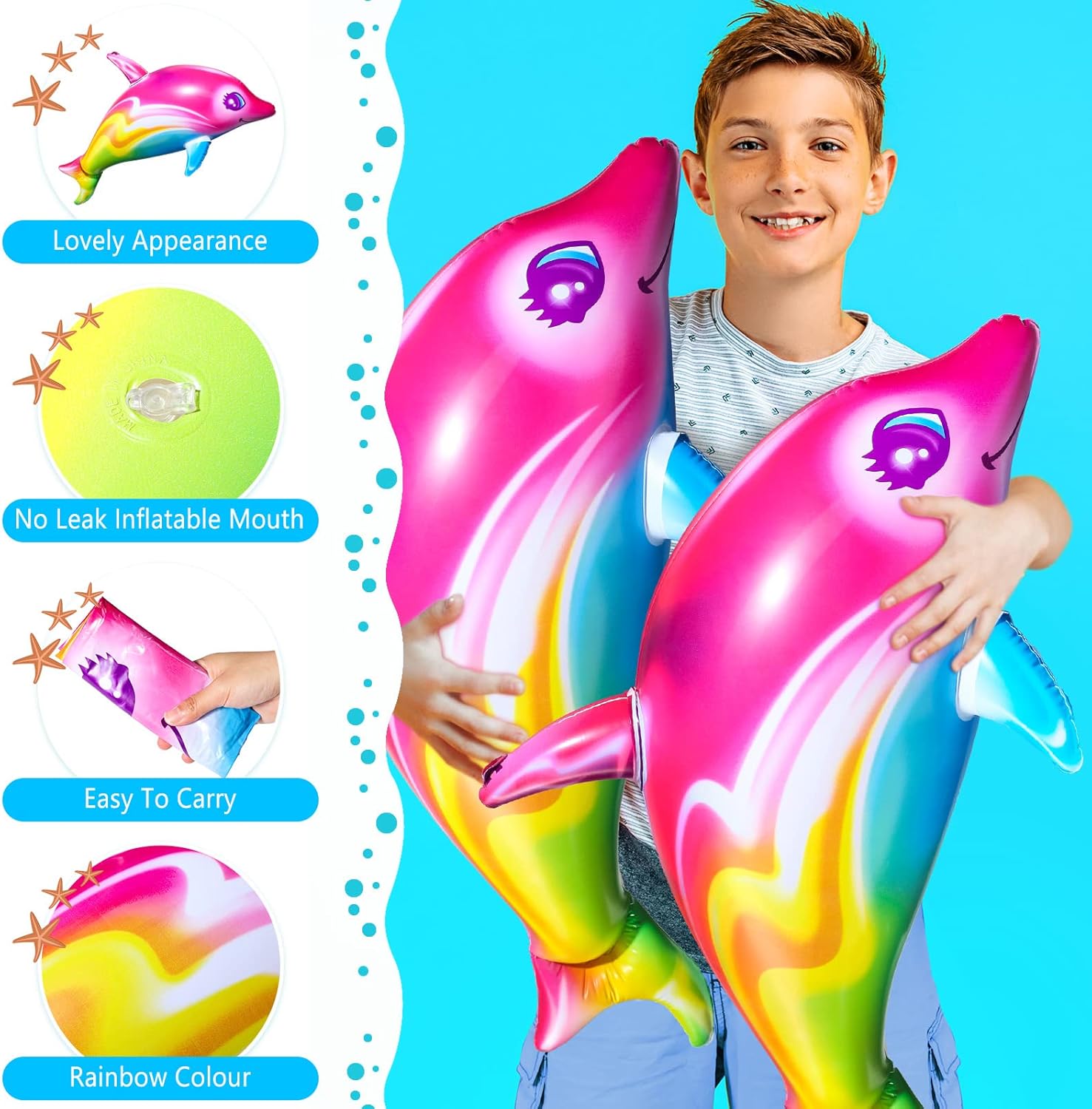 Zhanmai Dolphin Rainbow Inflatable Pool Toy 36 Inch summer Colorful Pink Poolside Aquatic Themed Decor Inflate Pool Beach Birthday Party Decoration(4 Pieces)
