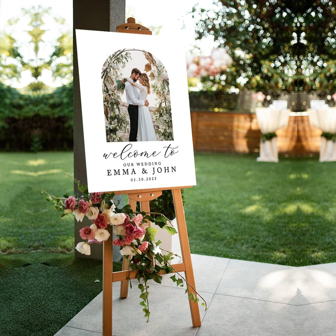 Andaz Press Personalized Welcome To Our Wedding Sign, Modern Boho Arch 16" x 20" Custom Photo Canvas Wedding Welcome Sign for Reception, Ceremony, Easel Stand