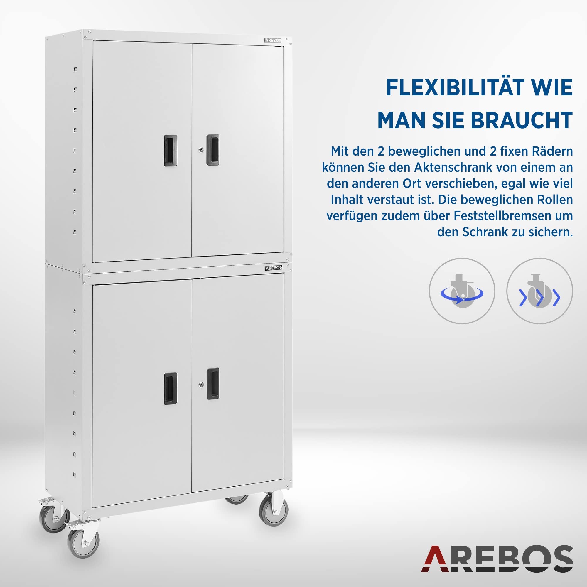 Arebos Aktenschrank Büroschrank | Grau | 195 x 40 x 90 cm | 2er Set | 4 Türen | mit Räder | Höhenverstellbare Einlegeböden | mit Zylinderschloss