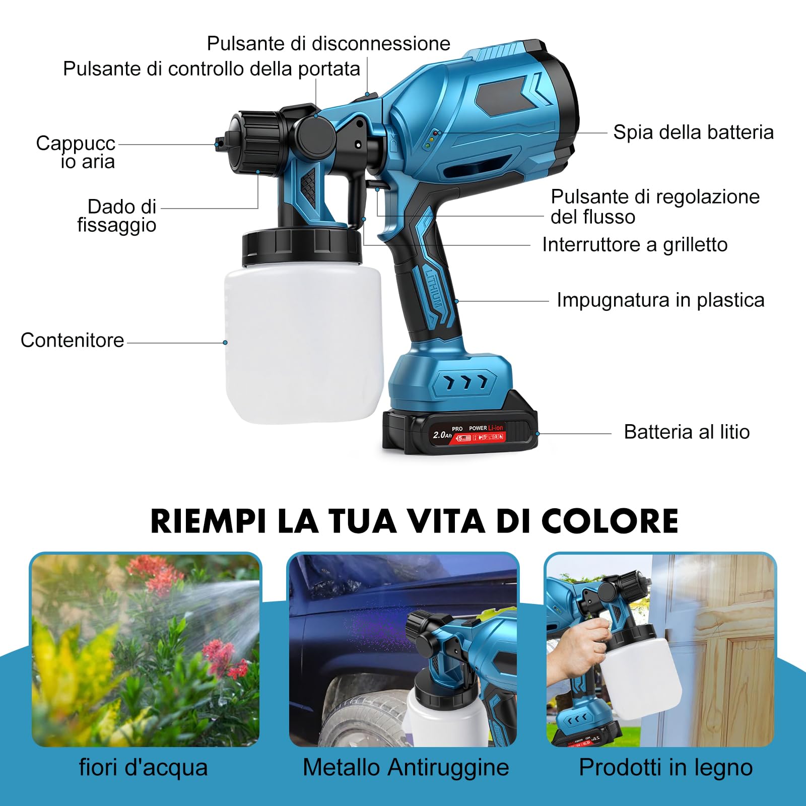 Pistola A Spruzzo Per Verniciare A Batteria, 500W Pistola Per Verniciare Elettrica Spruzzatore Vernice Con 3 Ugelli 3 Modalità, Flusso Regolabile HVLP Pistola Per Verniciatura Per Muri, Mobilia, Auto