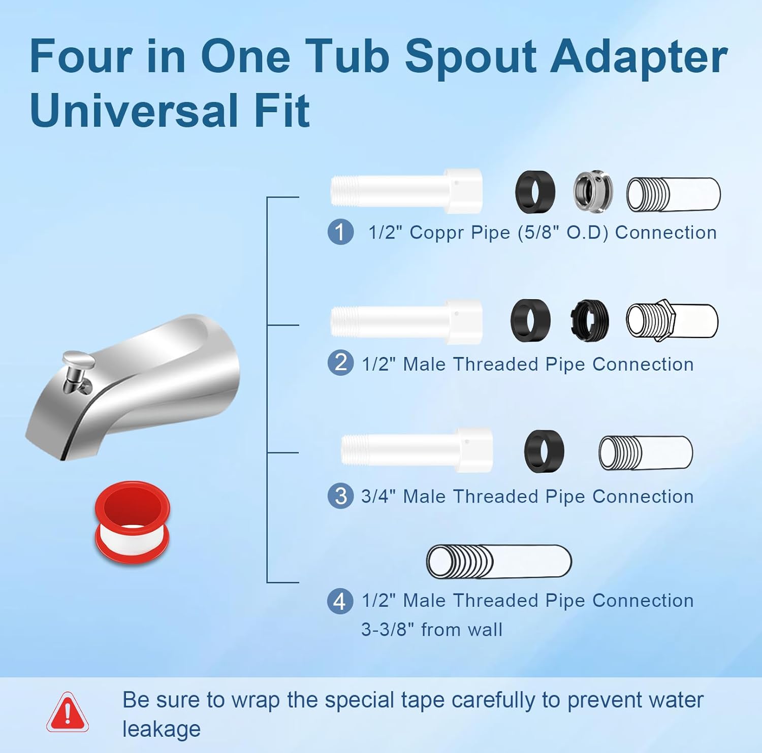Universal Tub Spout for 1/2" Copper Pipe, 1/2" IPS and 3/4" IPS, Bathtub Spout with Diverter and Adapter and Hex Wrench (Chrome)