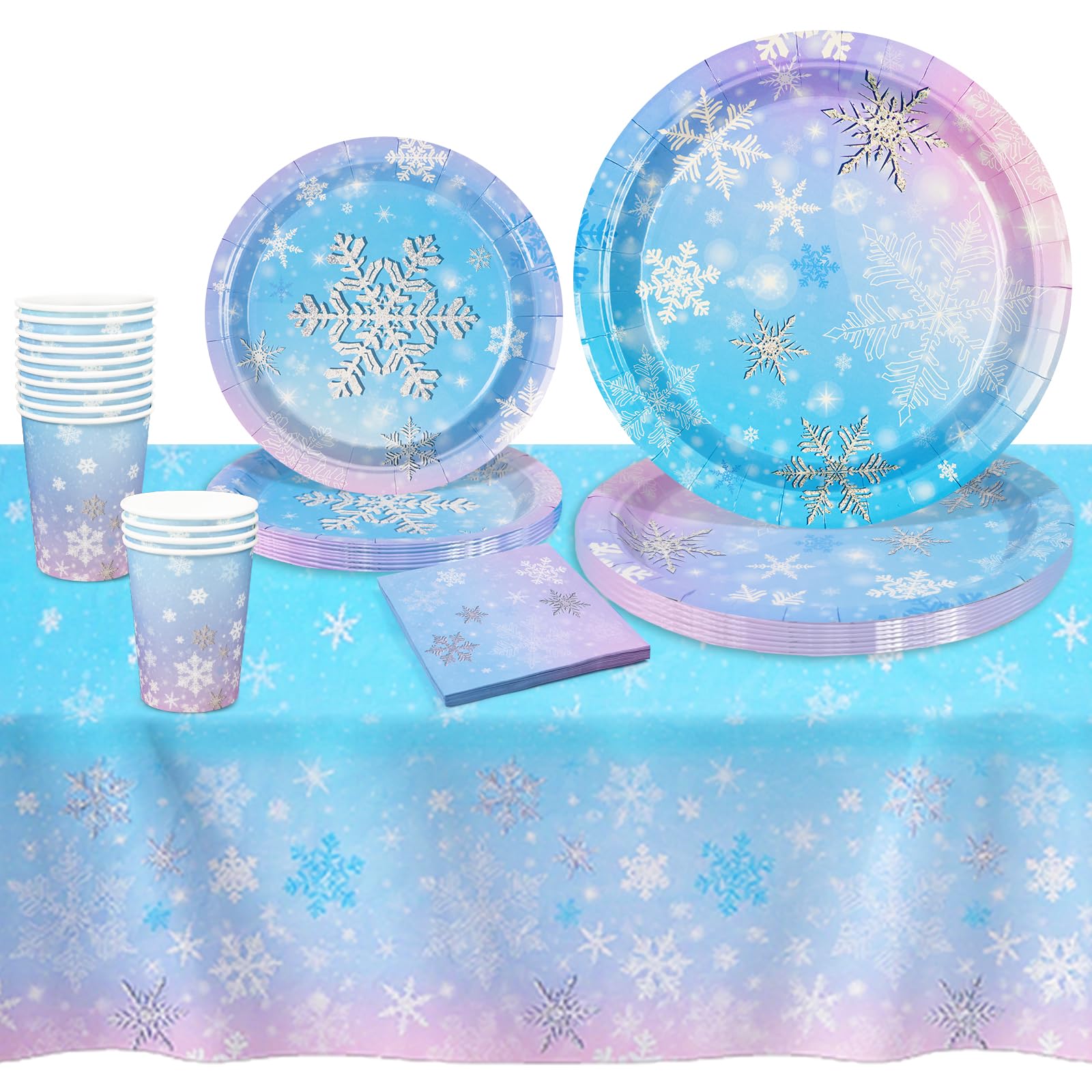69 Pcs Winter Wonderland Tableware,Blue Purple Party Paper Plates Cups and Napkins,Frozen Party Tableware for Birthday Wedding Children Partys